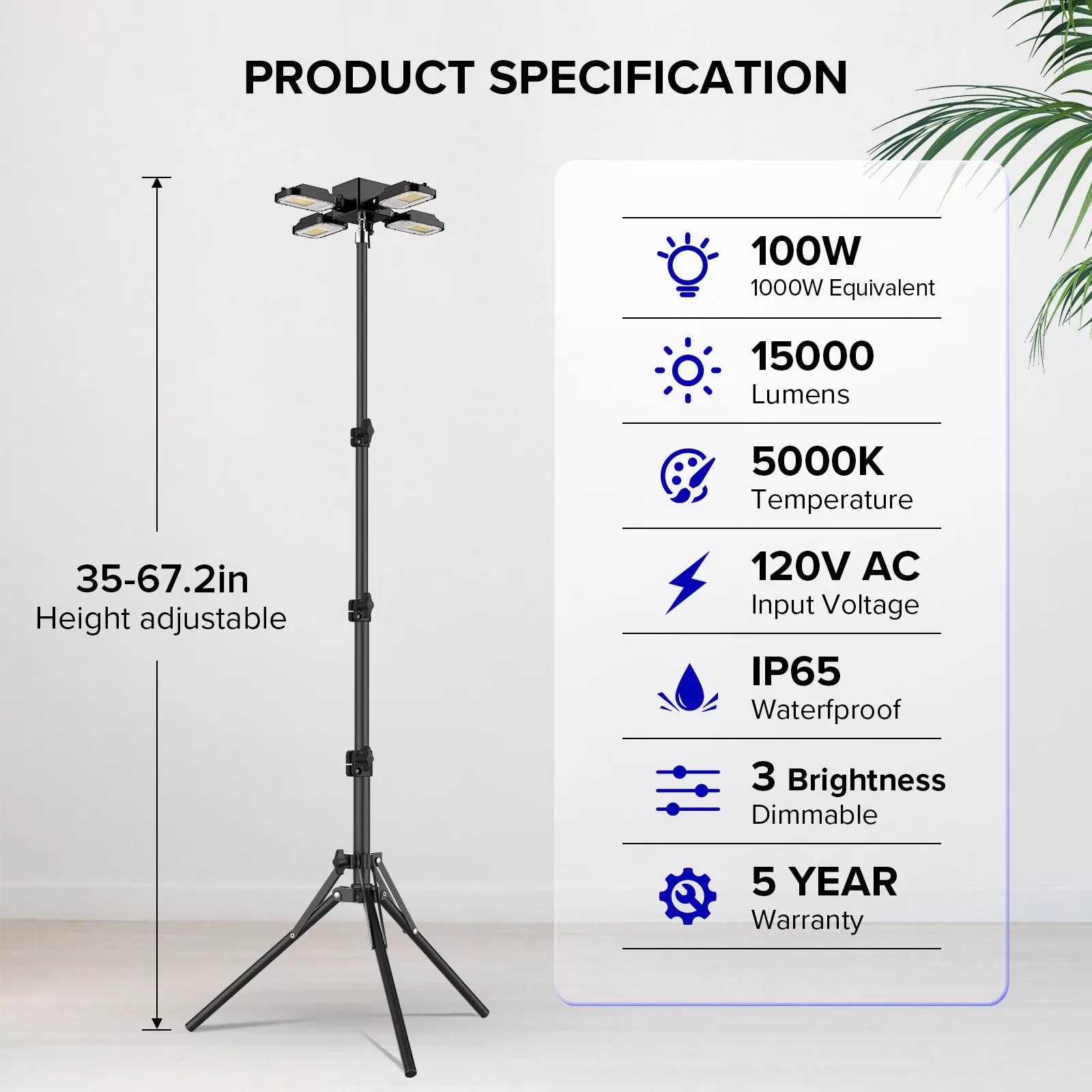 100W Adjustable 4-Head Work Light with Stand