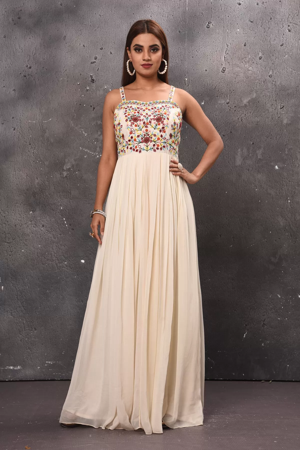 300696 Cream Maxi Dress with Embroidered Bodice