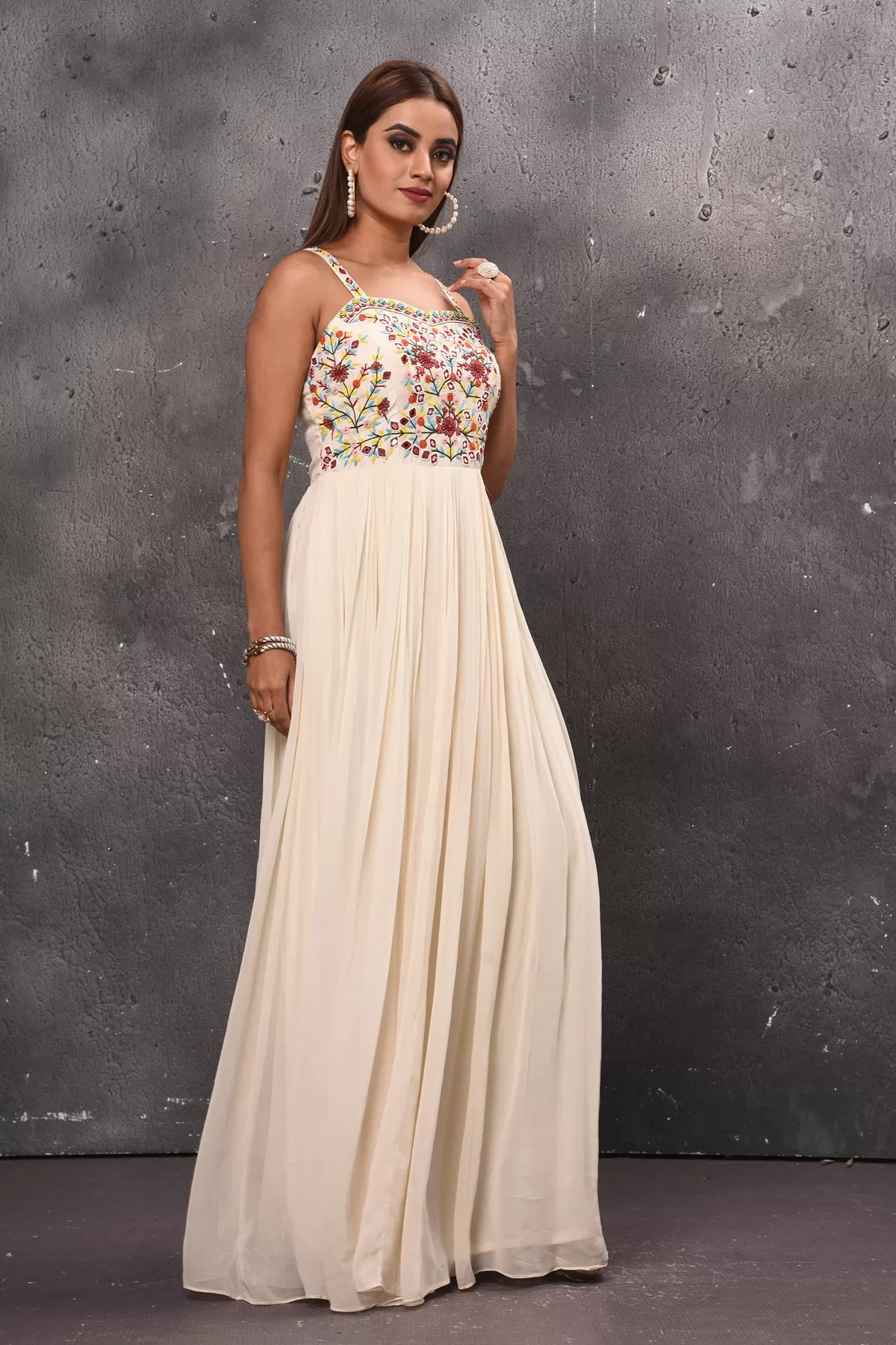 300696 Cream Maxi Dress with Embroidered Bodice