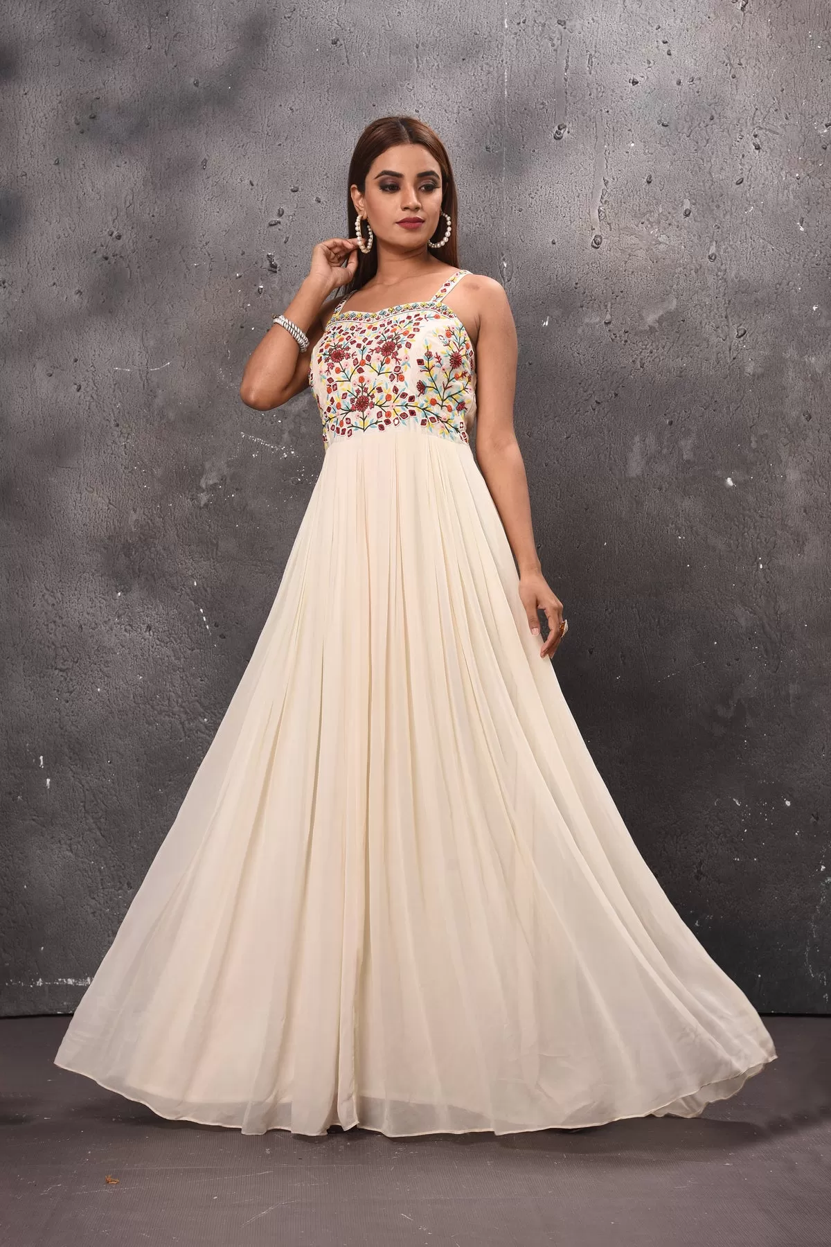 300696 Cream Maxi Dress with Embroidered Bodice