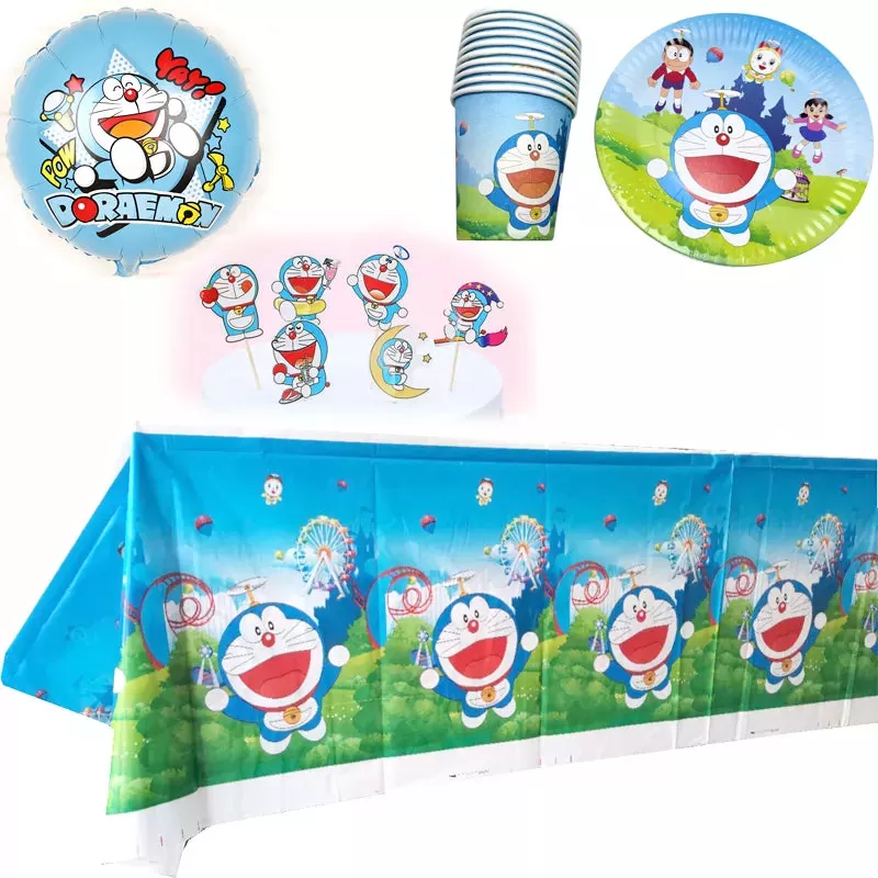 50pcs Doraemon Theme Tablecloth Decorate Cups Plates Kids Favors Dishes Glass Balloons Birthday Party Tableware Set Cake Toppers