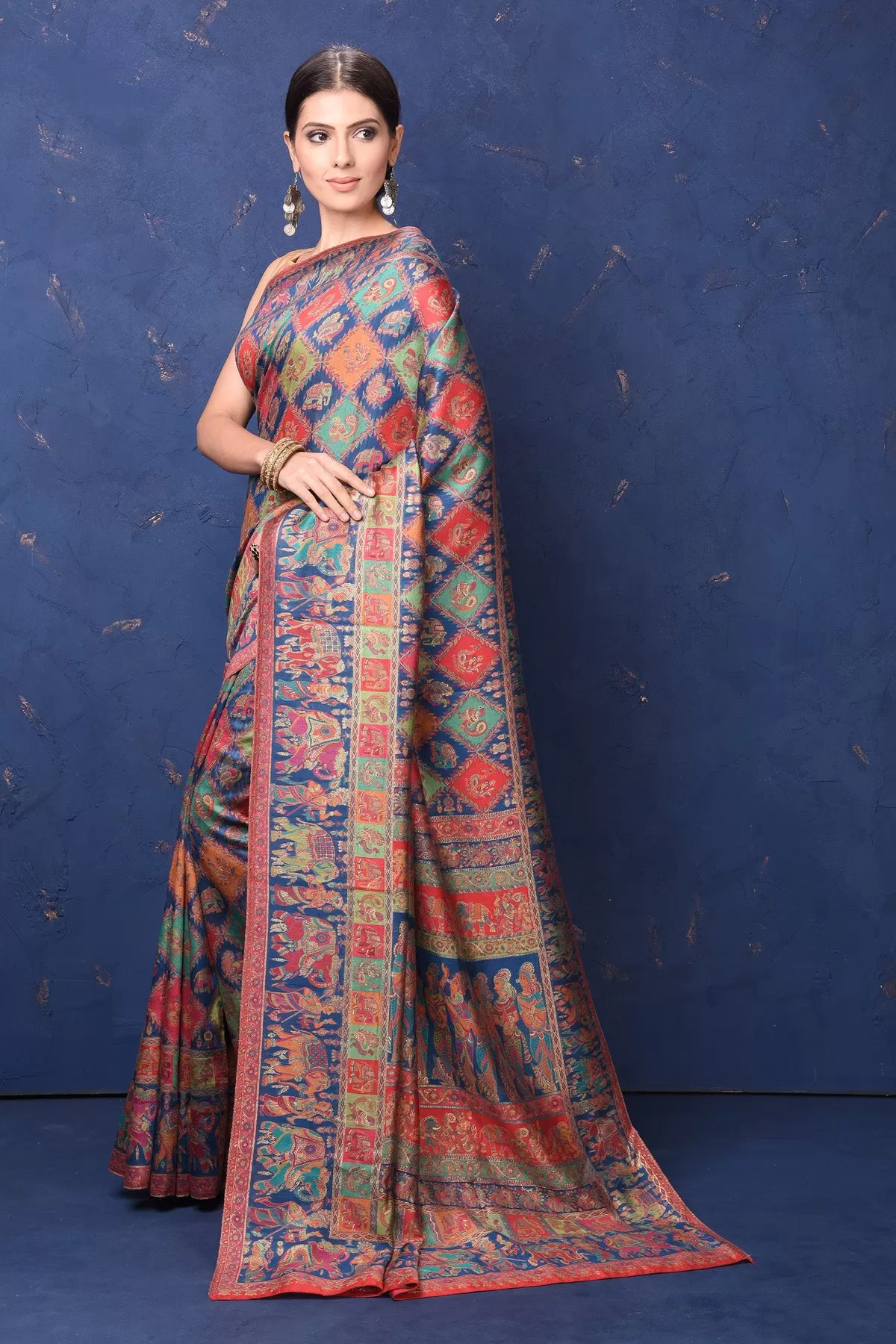 90L938-RO Blue and Multicolor Kani Weave Saree