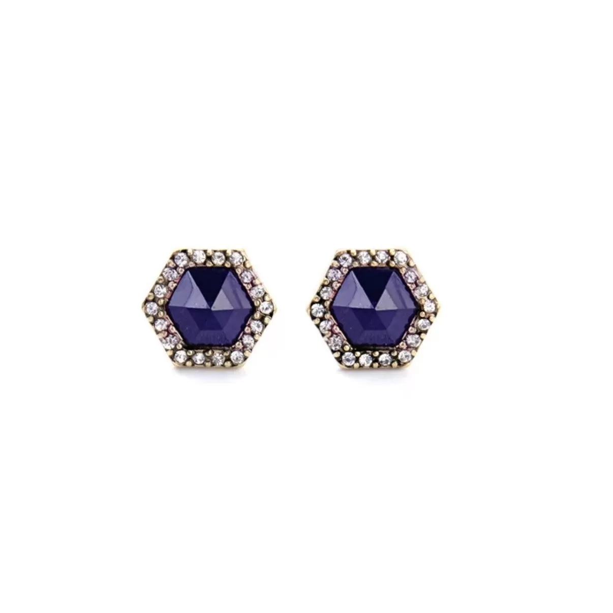 Antique Gold Color Dark Blue Crystal Stud Earrings