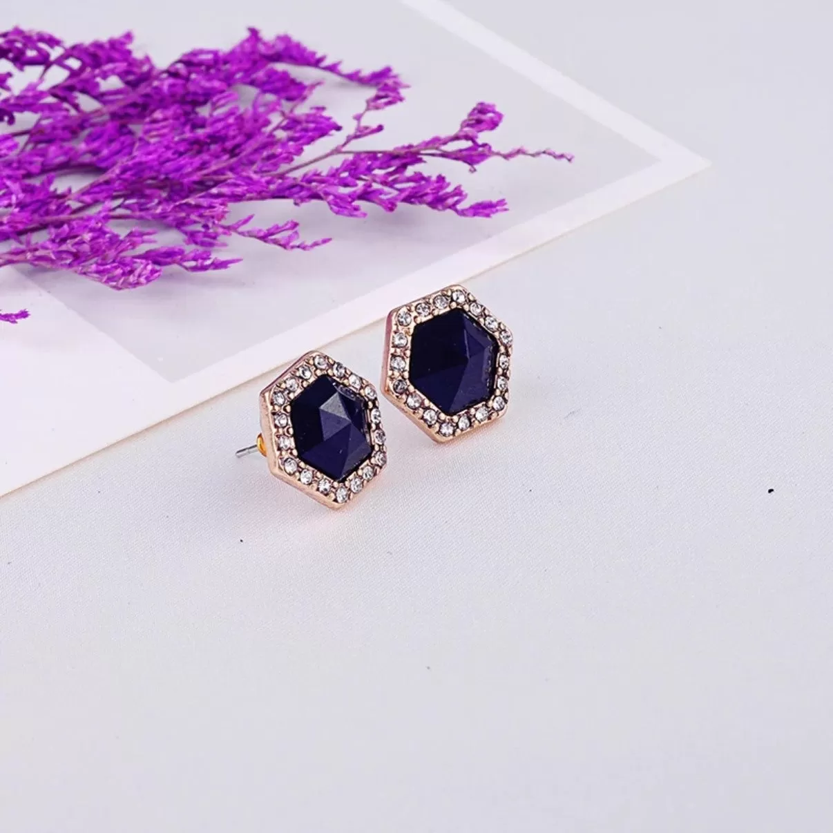 Antique Gold Color Dark Blue Crystal Stud Earrings