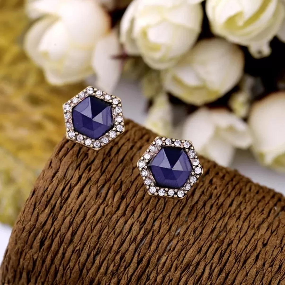 Antique Gold Color Dark Blue Crystal Stud Earrings