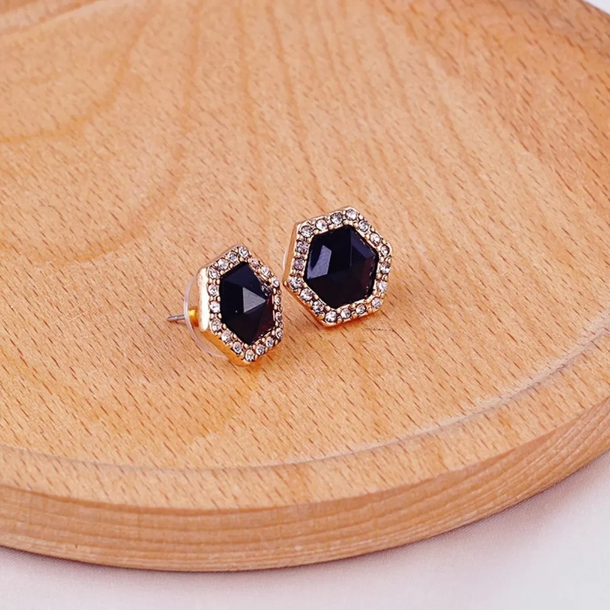 Antique Gold Color Dark Blue Crystal Stud Earrings