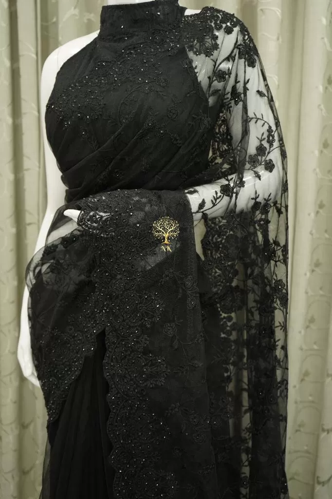 Black  Beautiful designer soft net saree with chikankari work all over highlighted with diamond work-ANI001PSBL