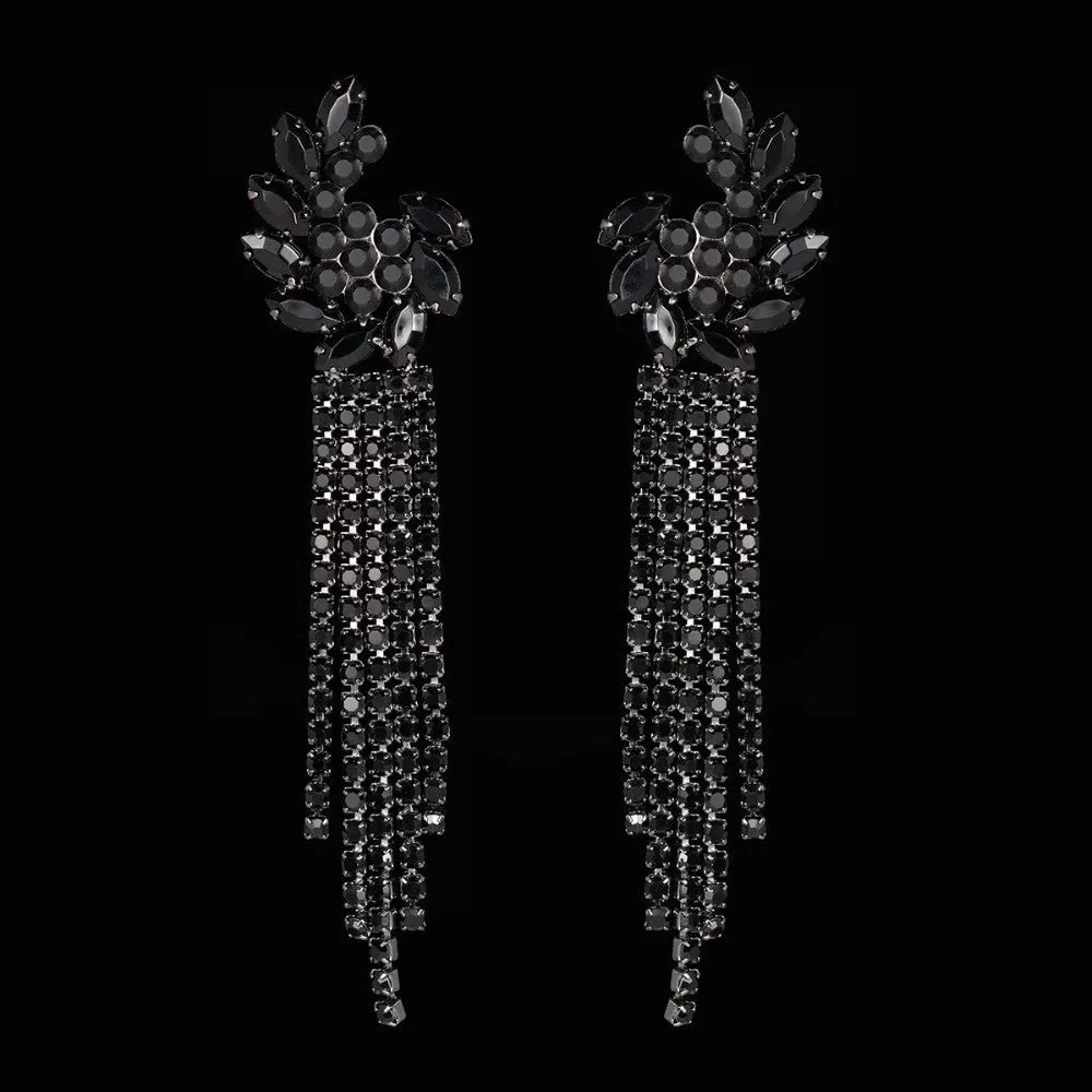 Black Rhinestone Crystal Gothic Long Tassel Drop Earrings