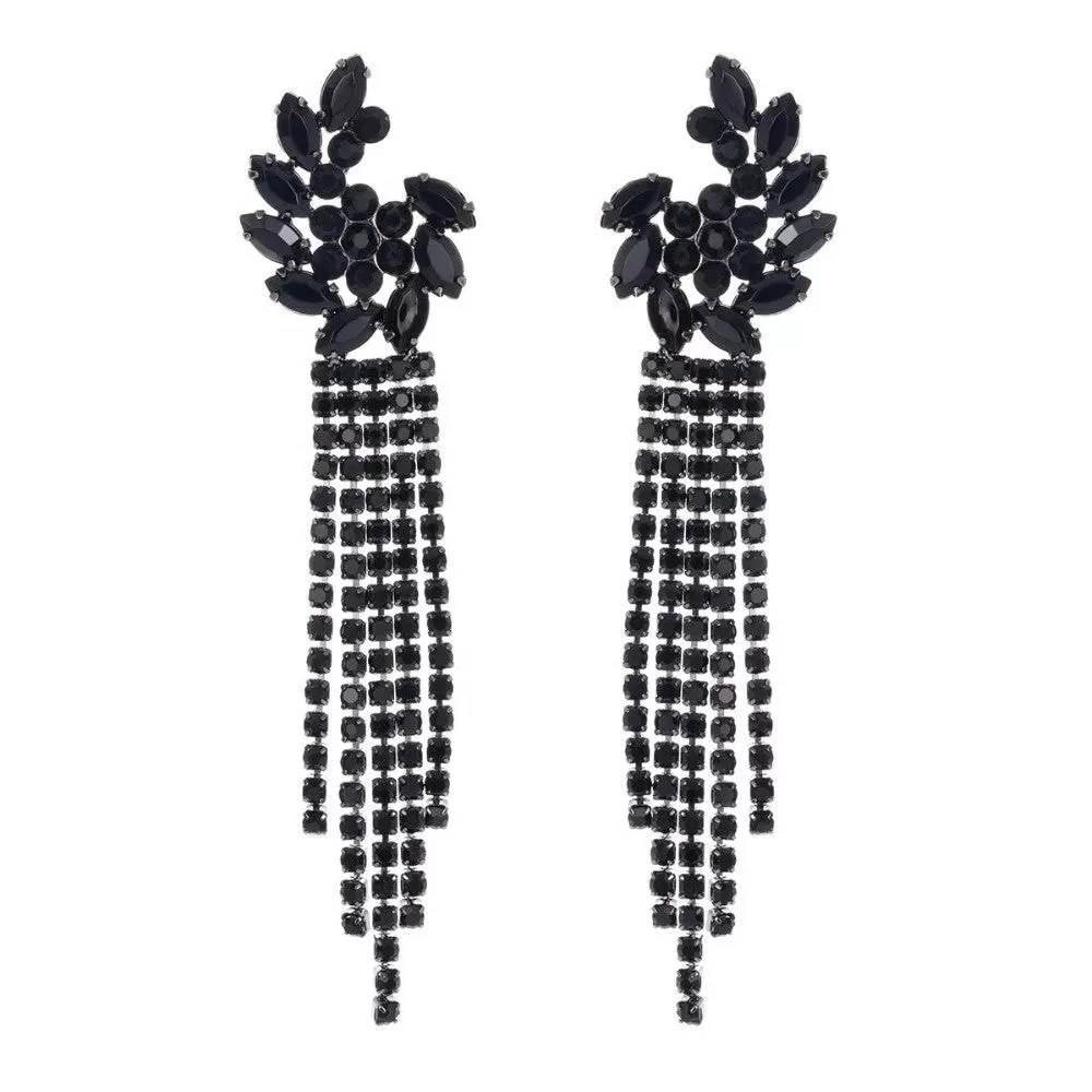 Black Rhinestone Crystal Gothic Long Tassel Drop Earrings