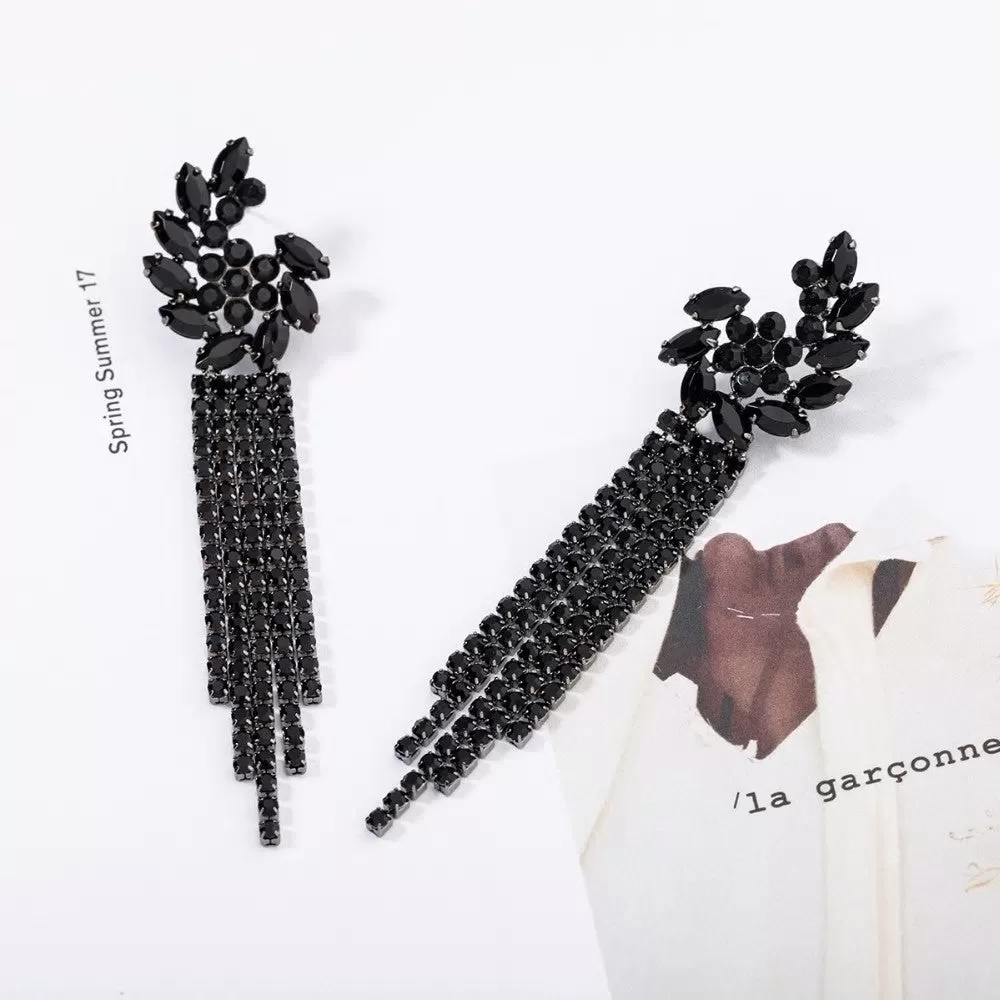 Black Rhinestone Crystal Gothic Long Tassel Drop Earrings