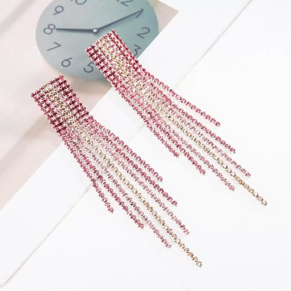 Crystal Rhinestone Long Tassel Party Earrings - 5 Styles