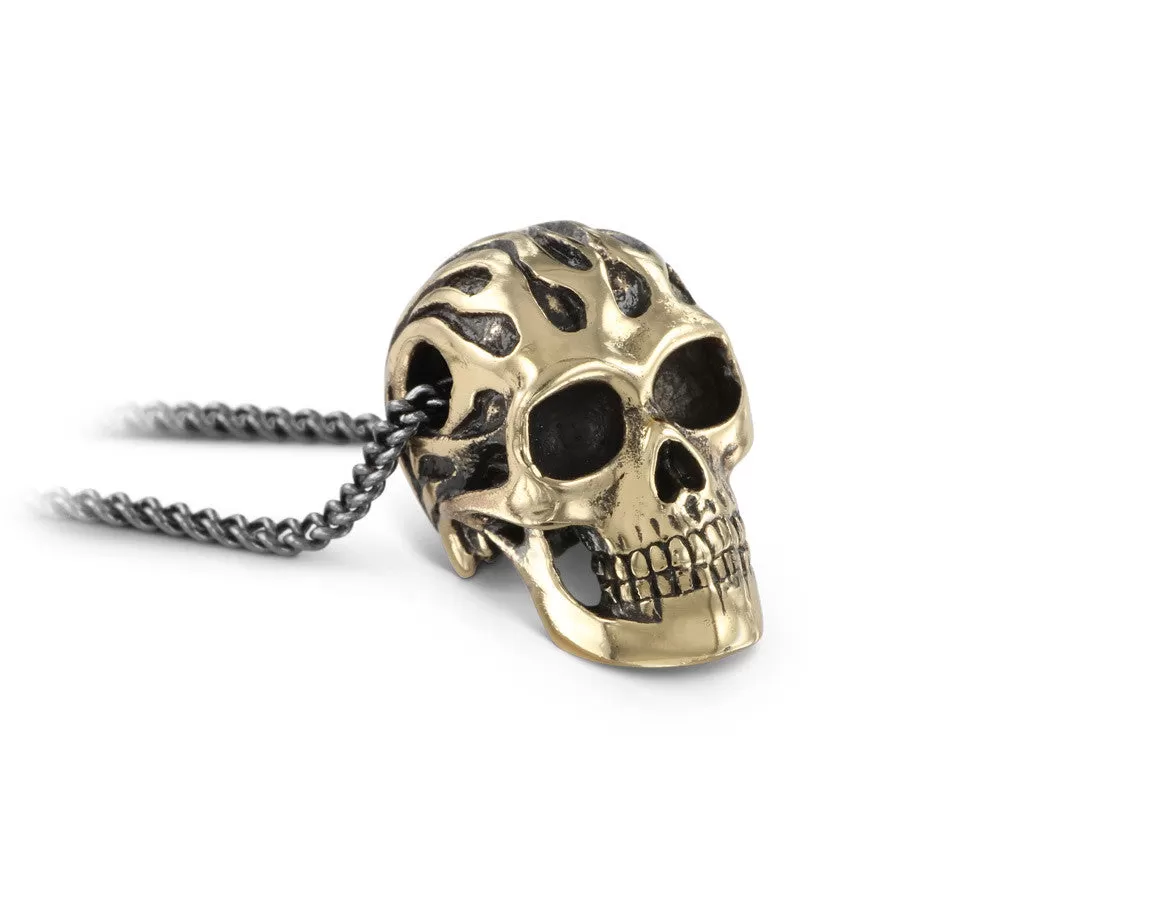 Flaming Skull Necklace - Bronze