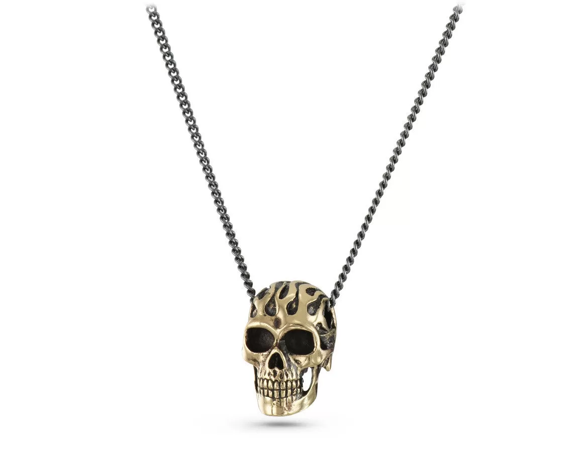 Flaming Skull Necklace - Bronze