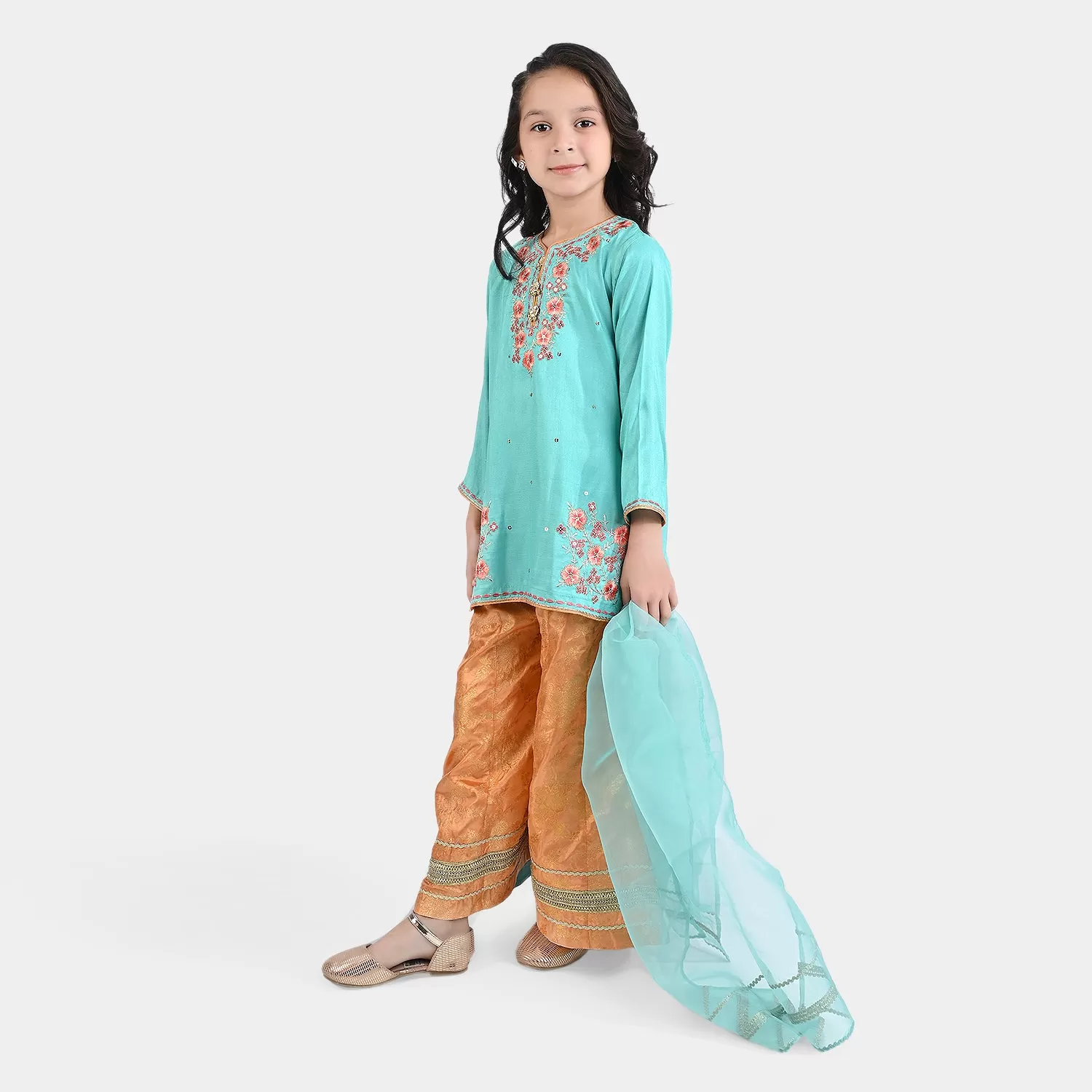 Girls Raw Silk 3PC Suit Raqs-e-Bahar-Aqua Green