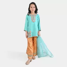 Girls Raw Silk 3PC Suit Raqs-e-Bahar-Aqua Green