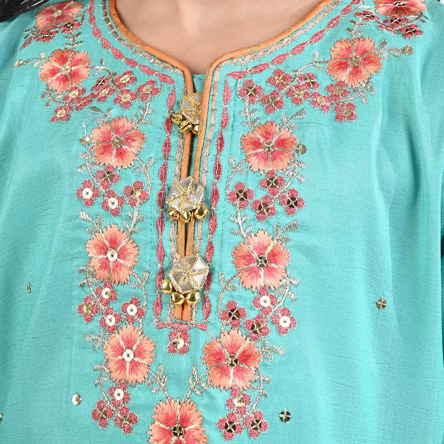 Girls Raw Silk 3PC Suit Raqs-e-Bahar-Aqua Green