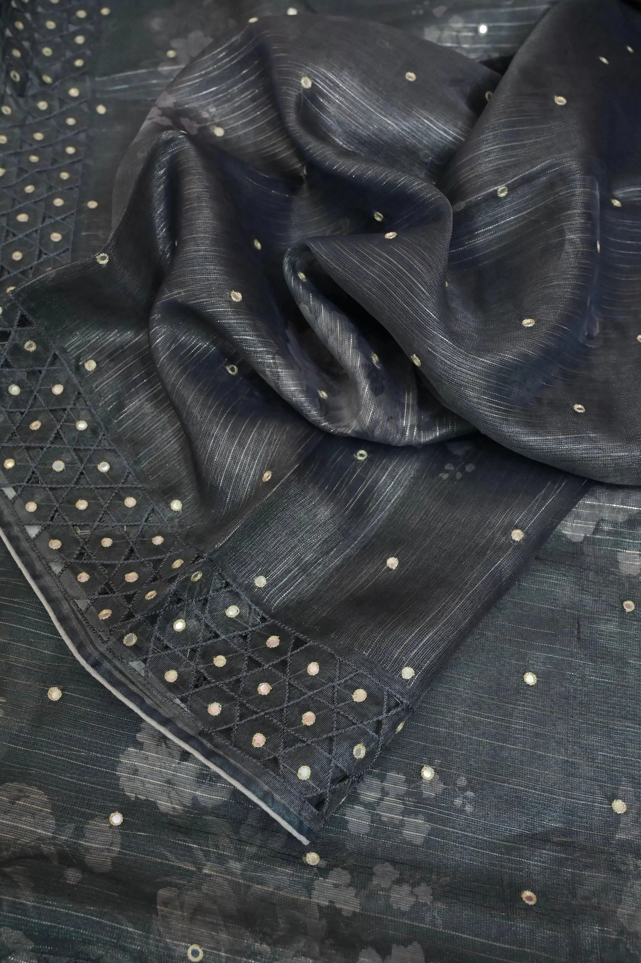 Grey Color Tissue Silk Saree with Zari Stripes, Digital Print Work and Cut Work