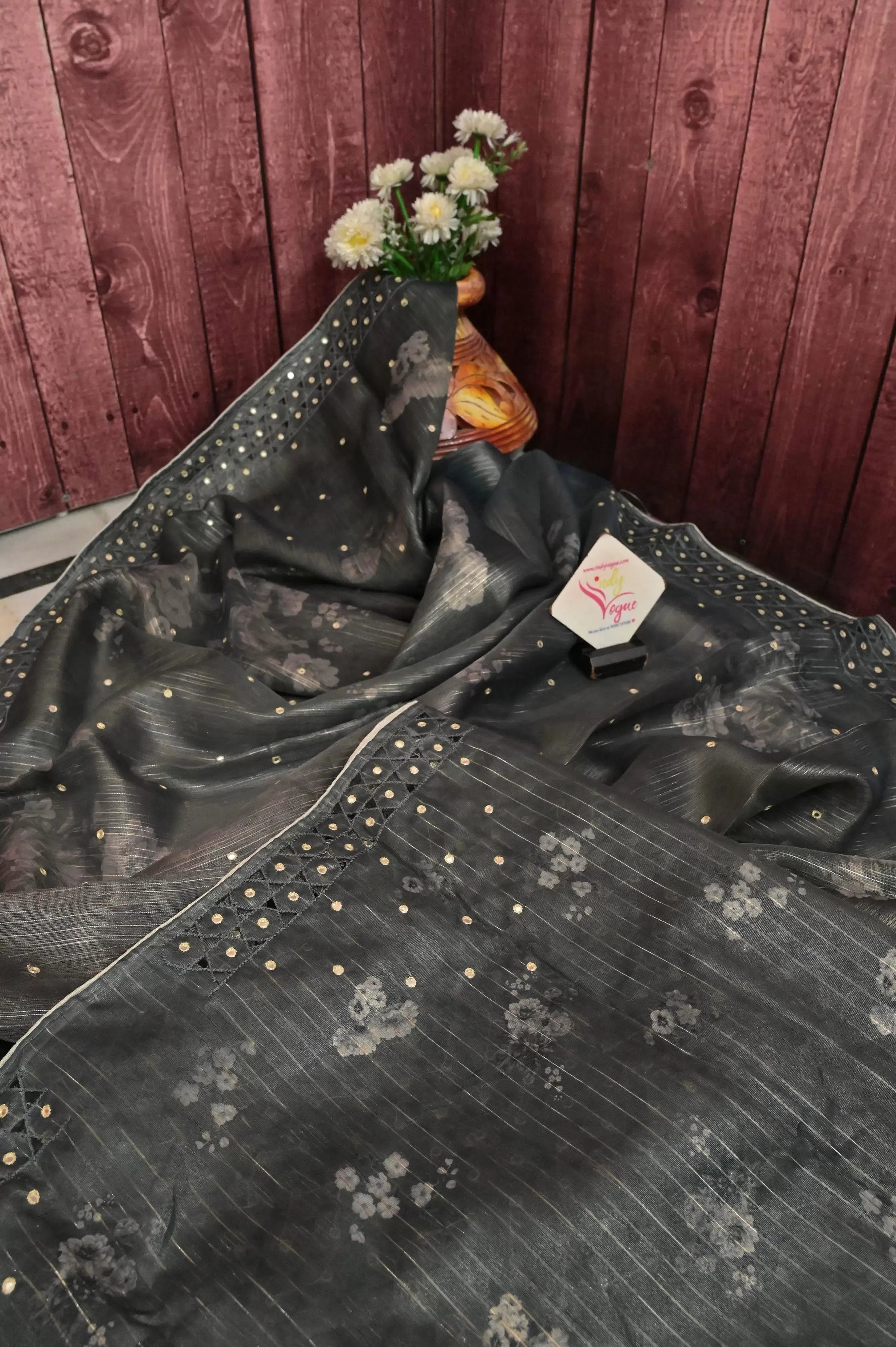 Grey Color Tissue Silk Saree with Zari Stripes, Digital Print Work and Cut Work