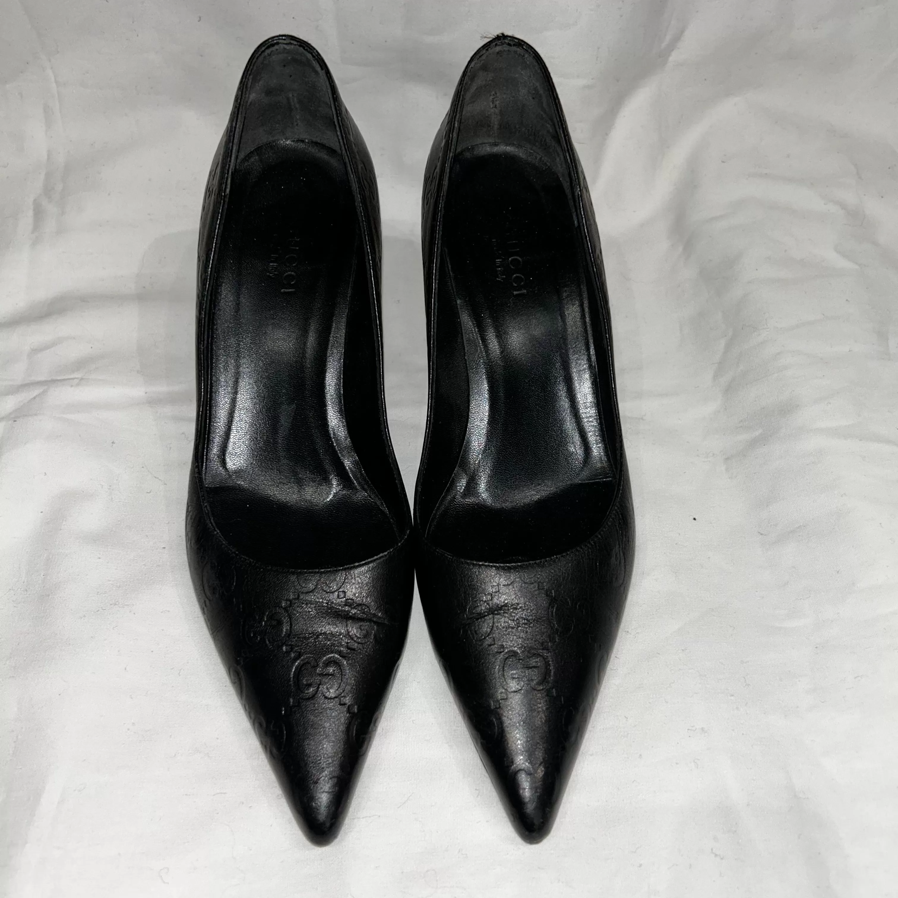 Gucci Black GG Embossed Bamboo Kitten Heels 35