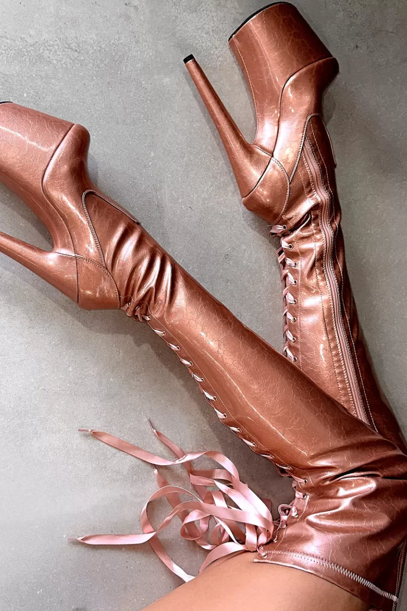 Hella Heels Thigh High 8inch Boots - Rose Gold