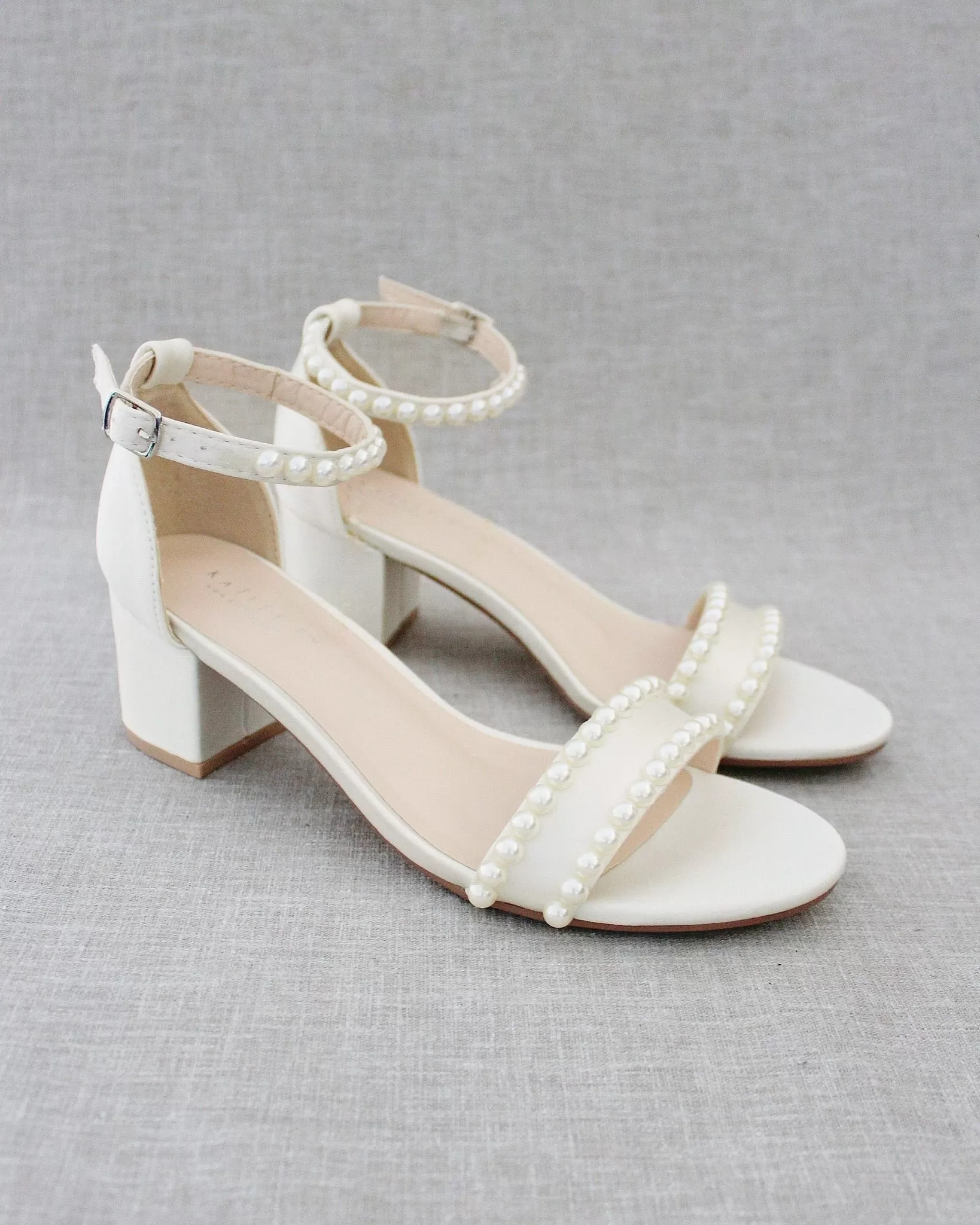 Ivory Satin Block Heel Sandals with Pearls