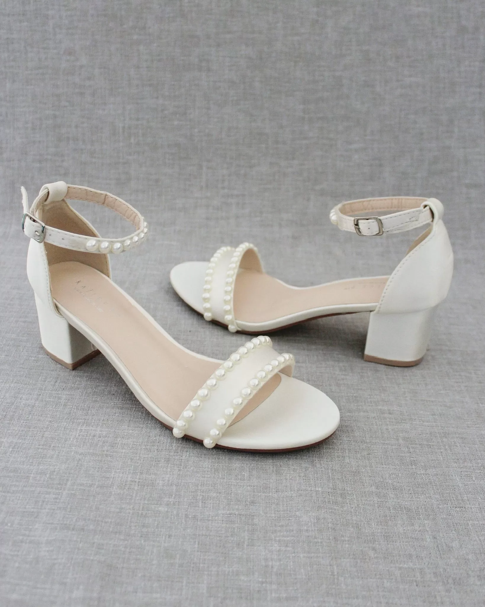 Ivory Satin Block Heel Sandals with Pearls