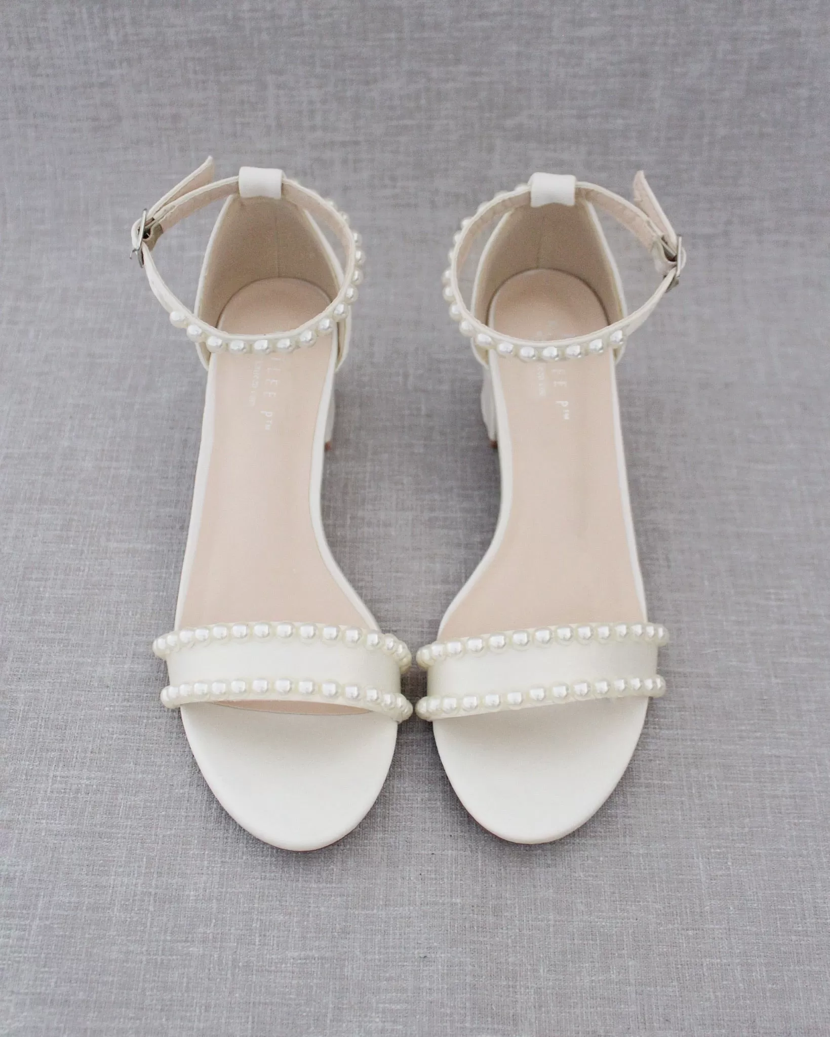 Ivory Satin Block Heel Sandals with Pearls