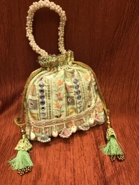 Light Green Color Potli Clutch Bag with Embroidery & Mirror Work