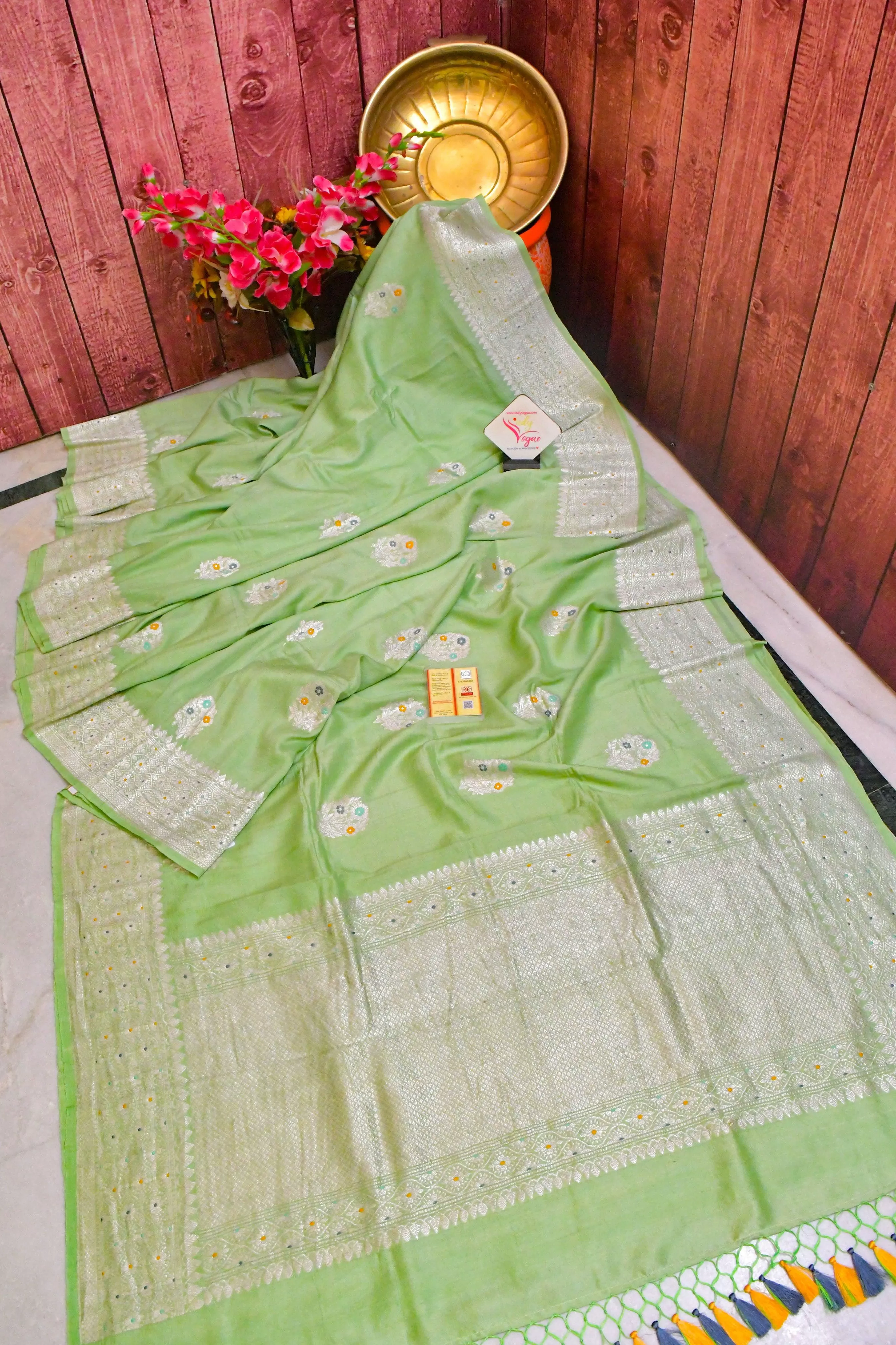 Light Green Color Tussar Georgette Banarasi with Meenakari Work