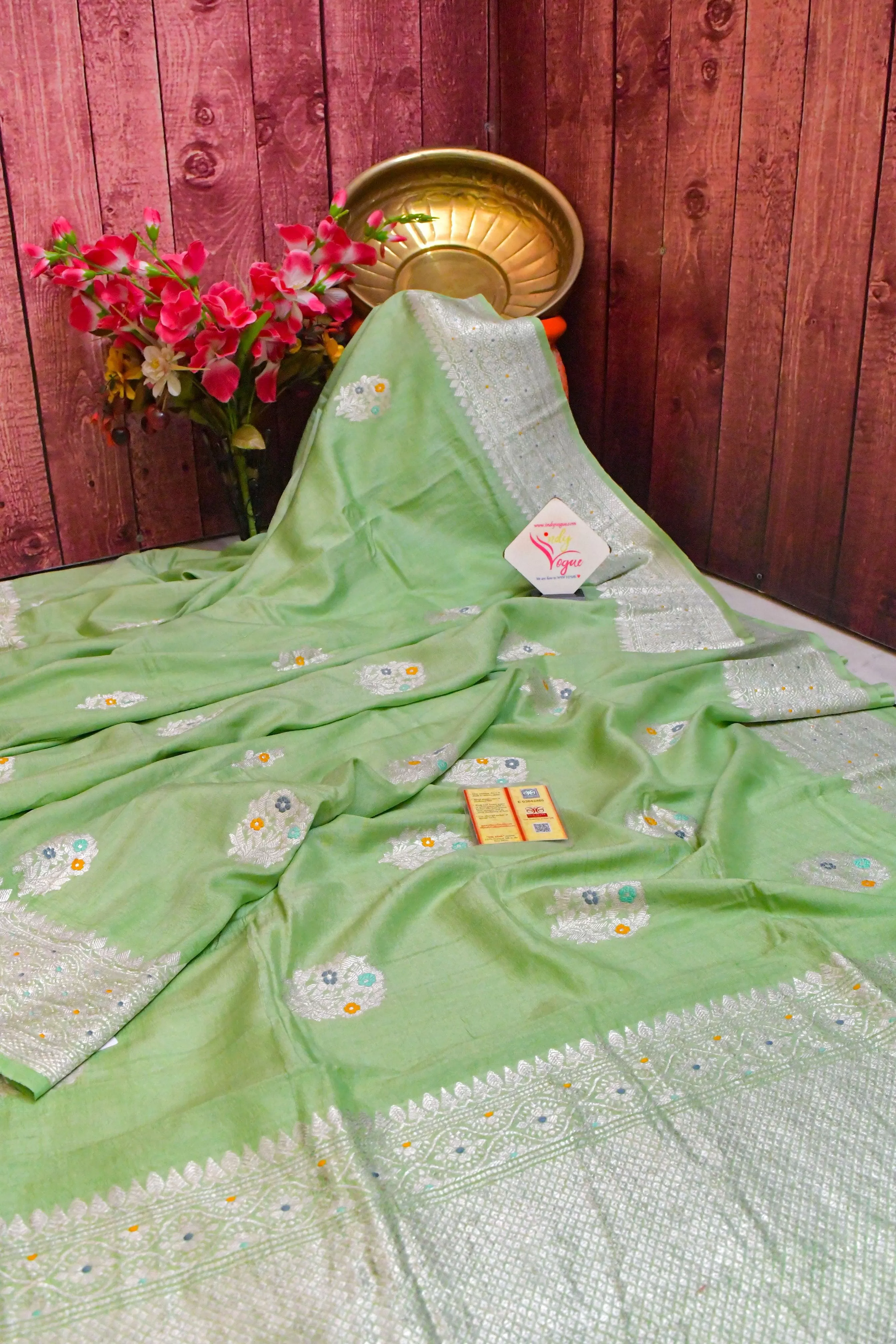 Light Green Color Tussar Georgette Banarasi with Meenakari Work