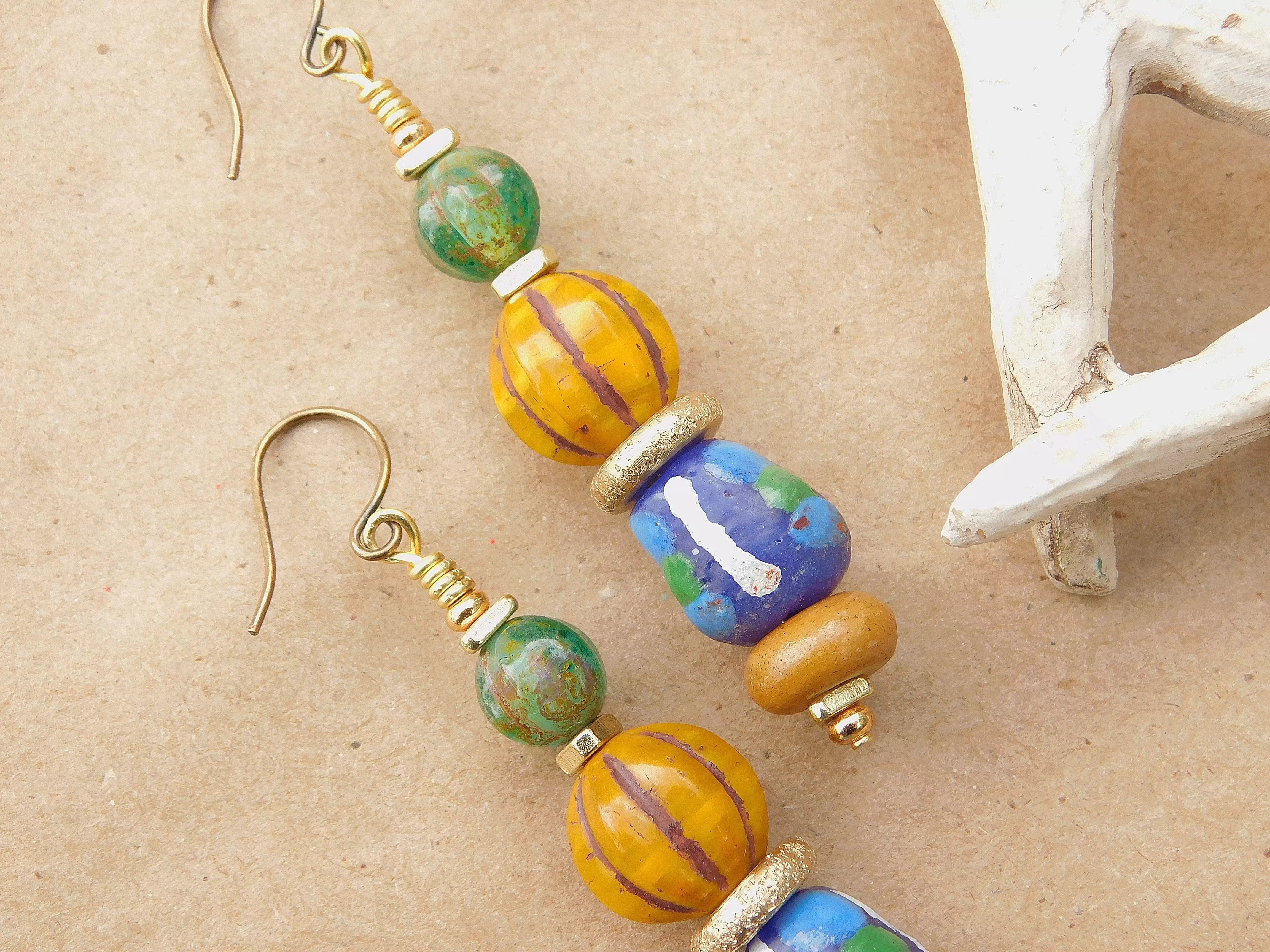 Melon Czech and Krobo Bead Earrings