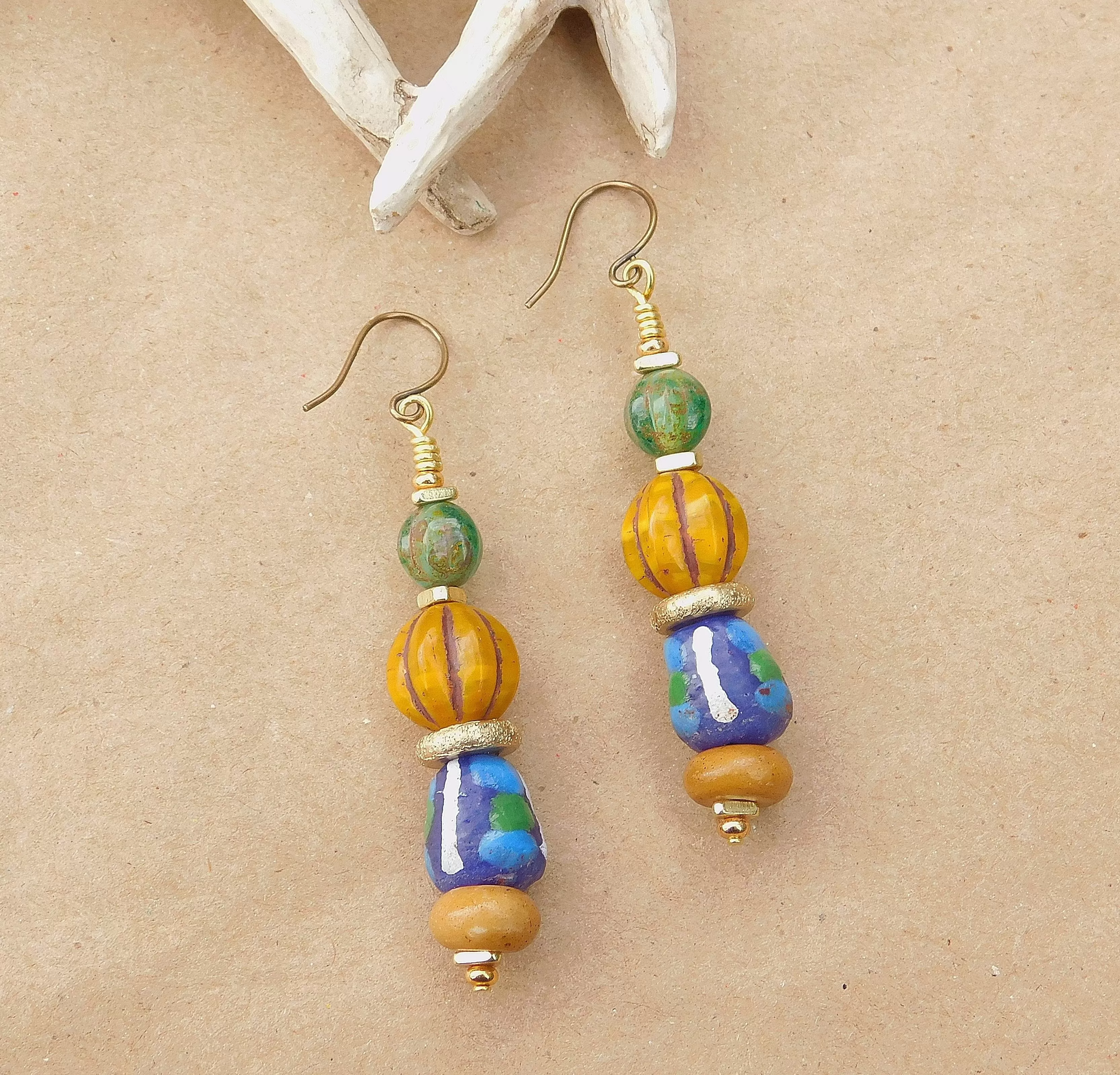 Melon Czech and Krobo Bead Earrings