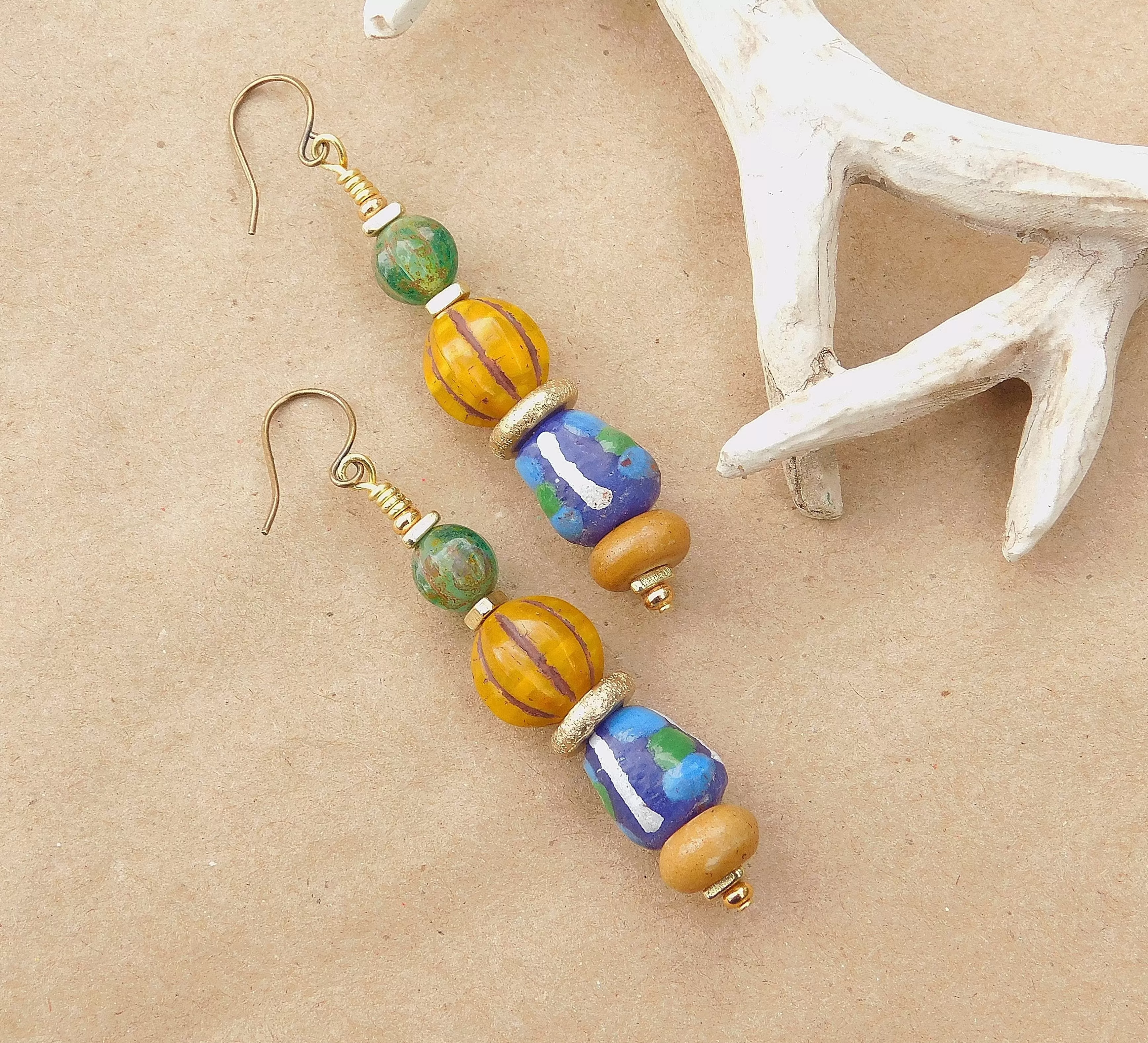 Melon Czech and Krobo Bead Earrings