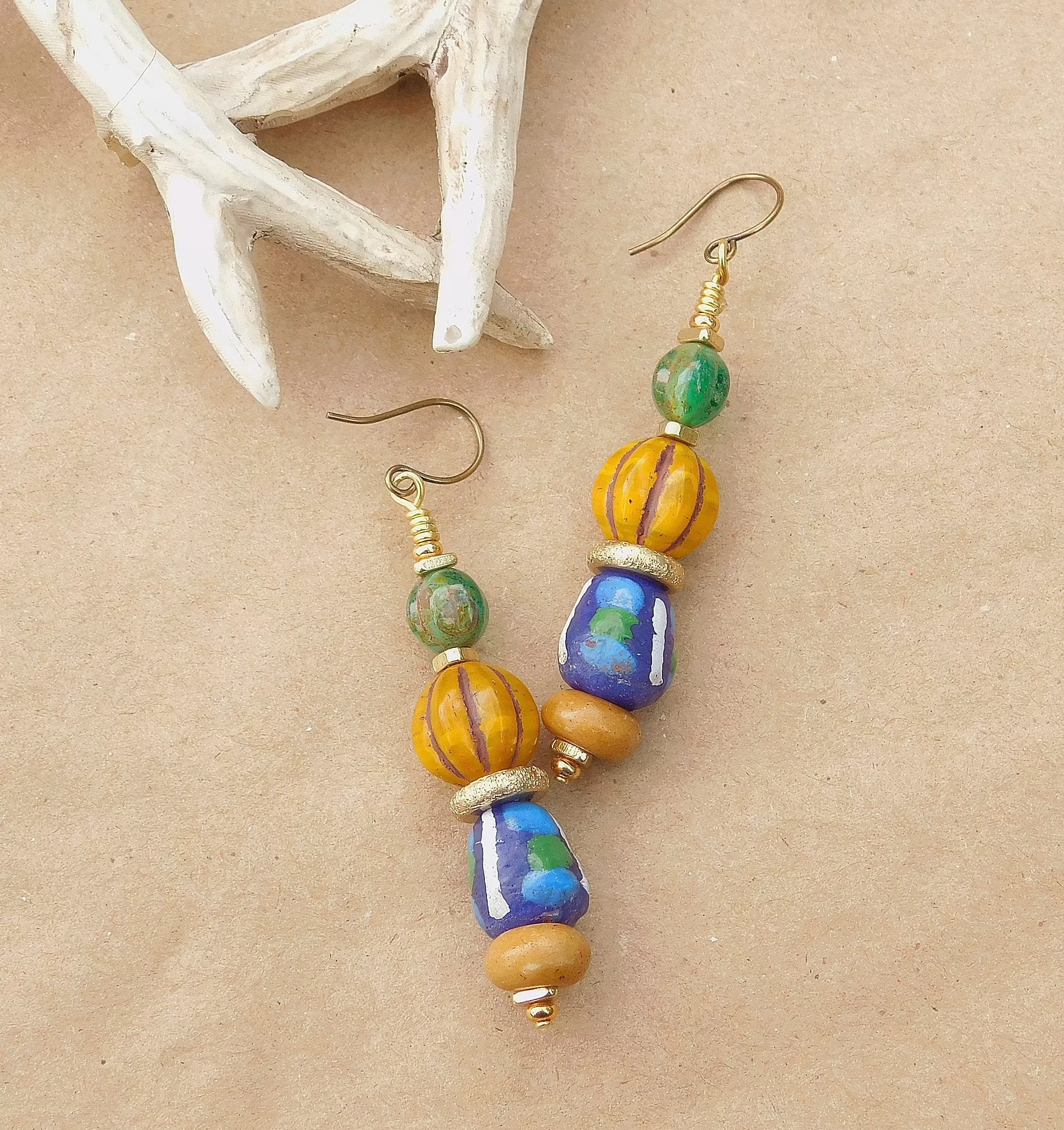 Melon Czech and Krobo Bead Earrings