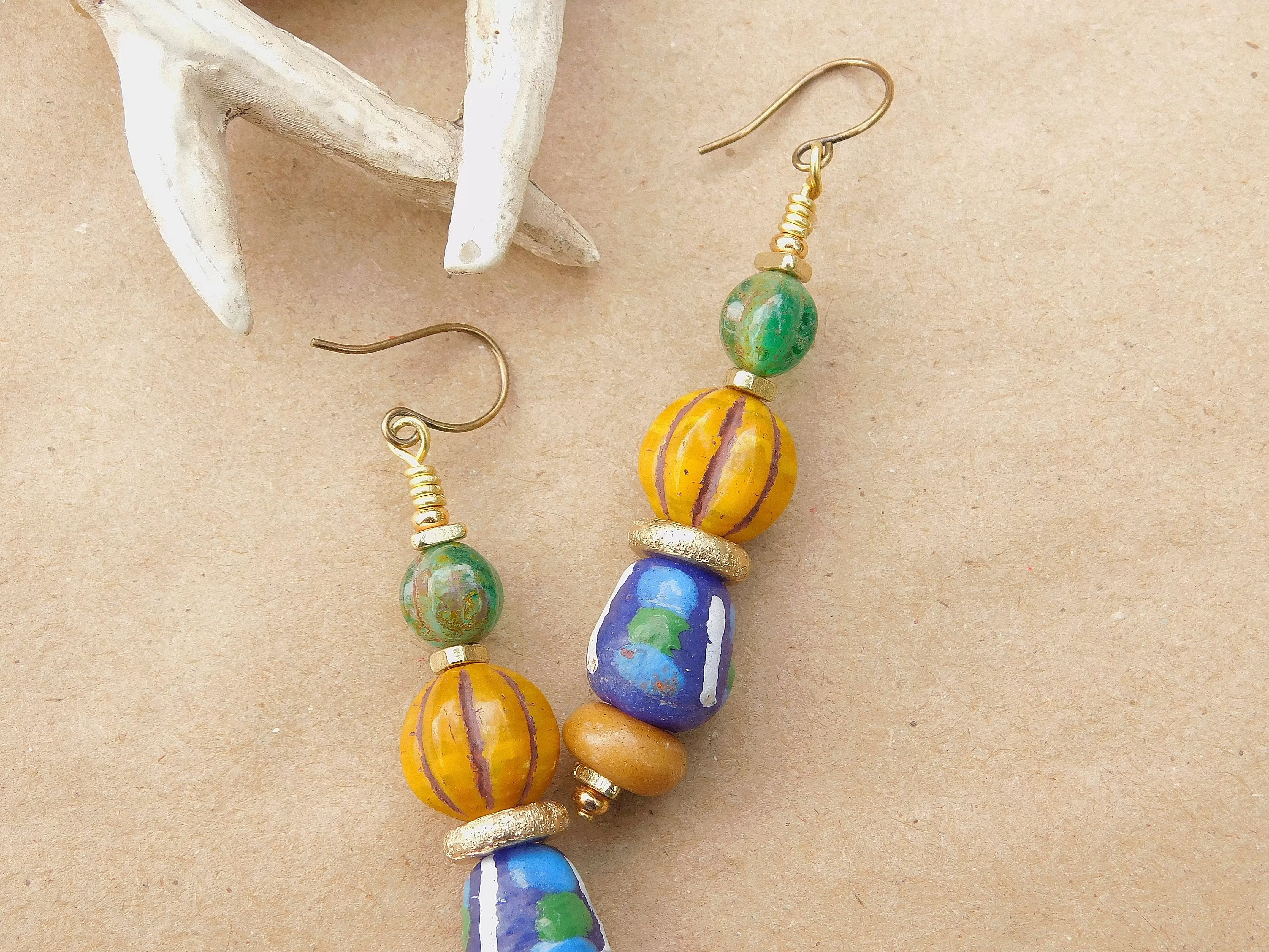 Melon Czech and Krobo Bead Earrings