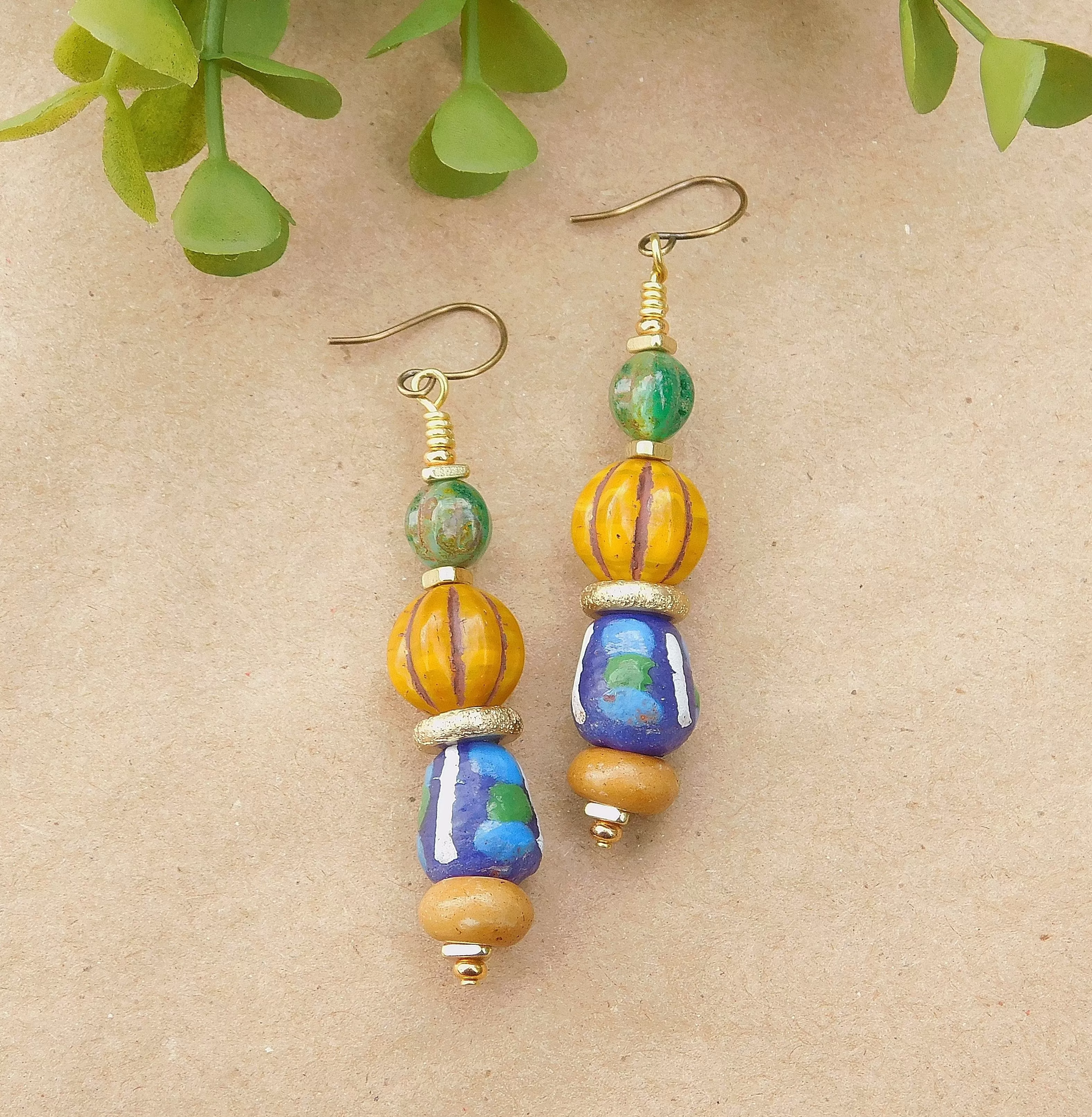 Melon Czech and Krobo Bead Earrings