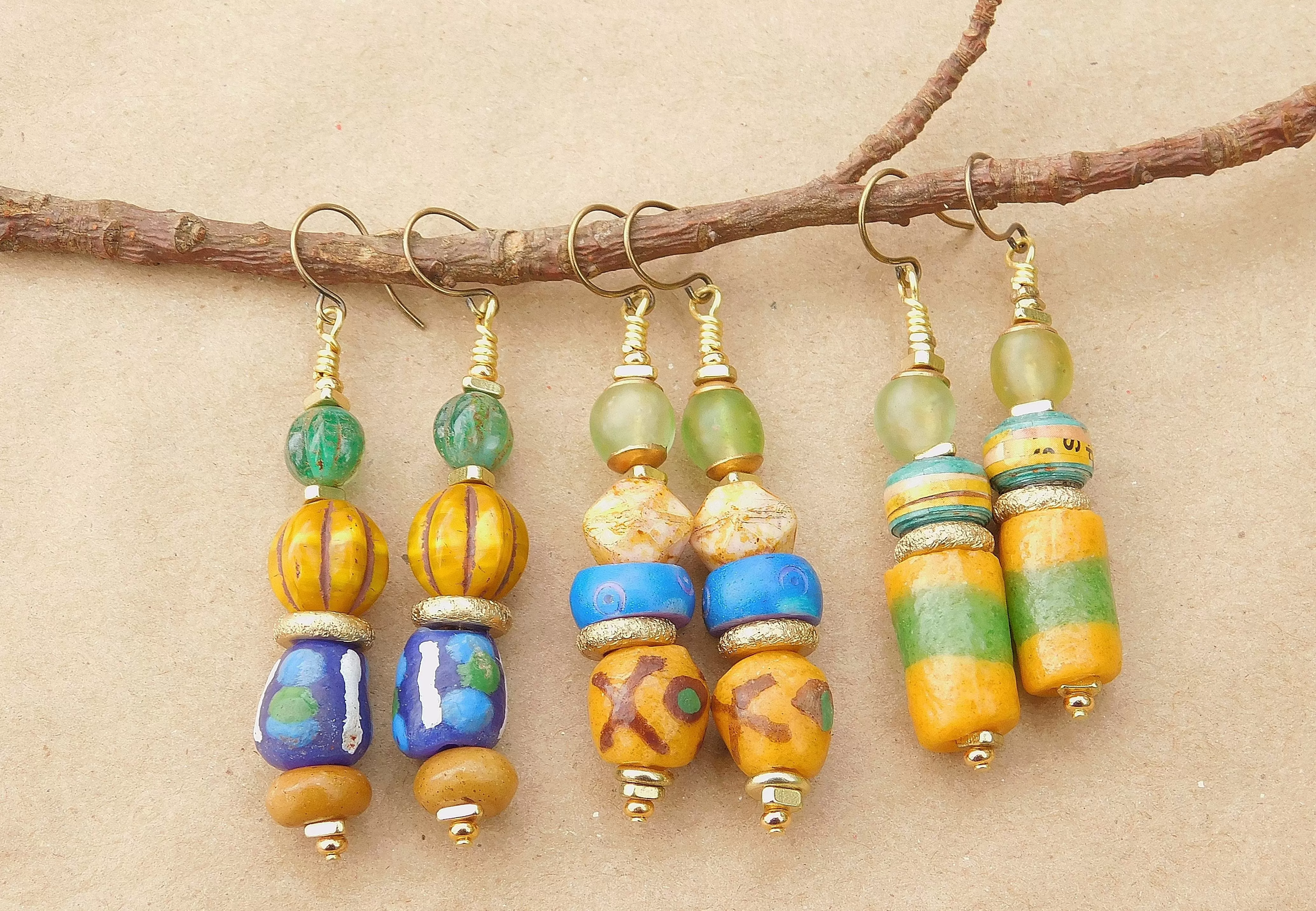 Melon Czech and Krobo Bead Earrings