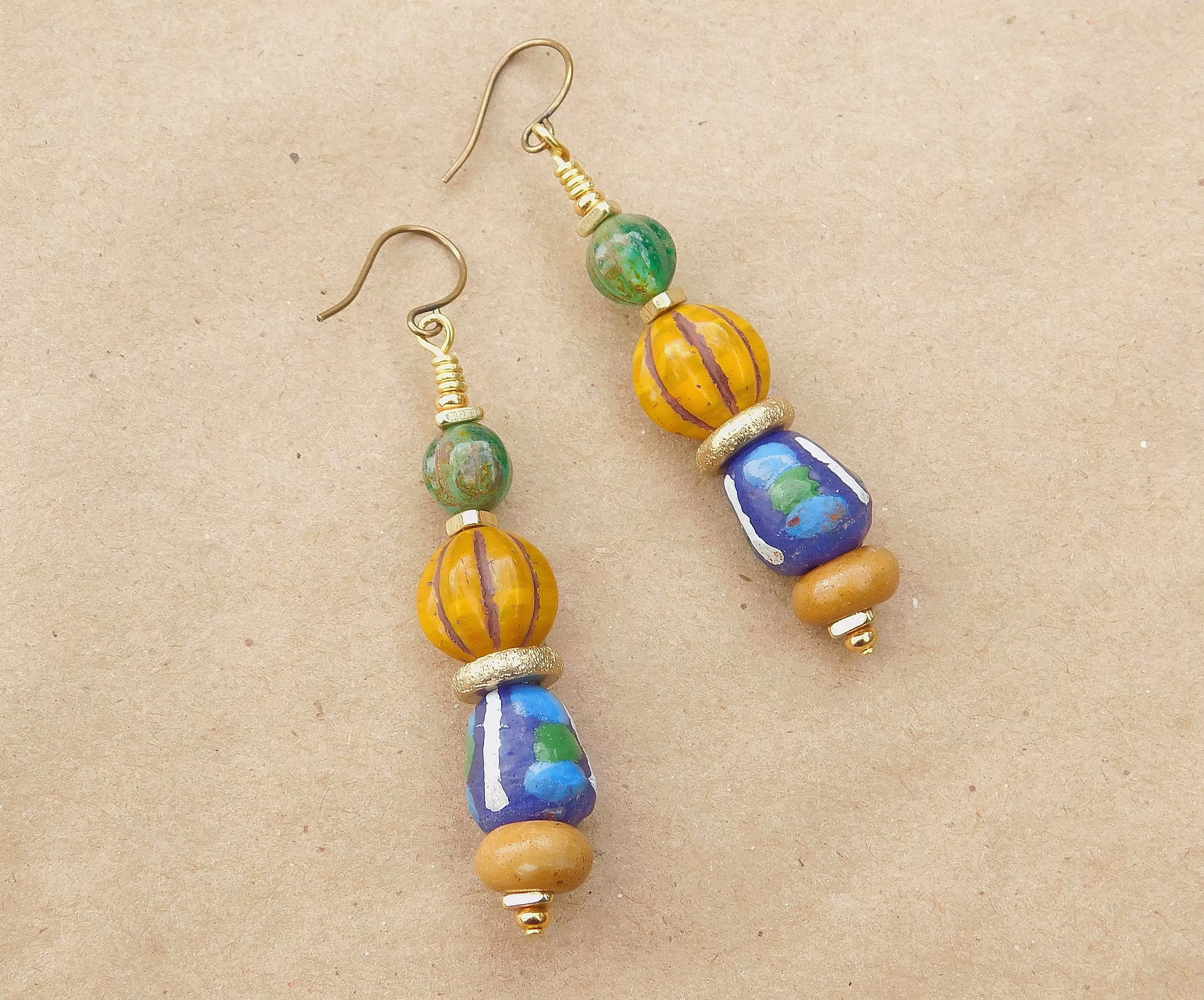 Melon Czech and Krobo Bead Earrings