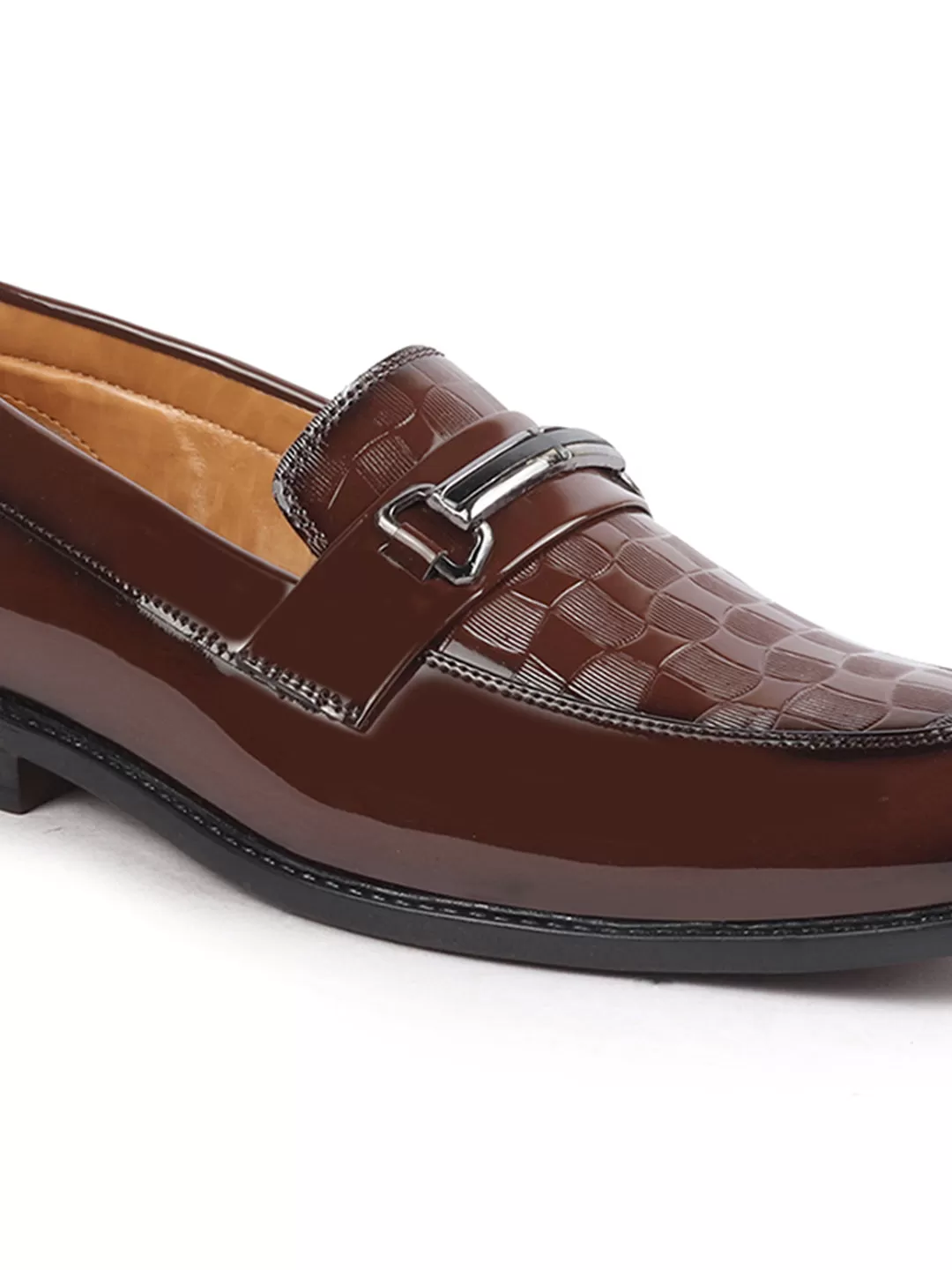 Men Tan Casual Patent Leather Slip-On Loafers