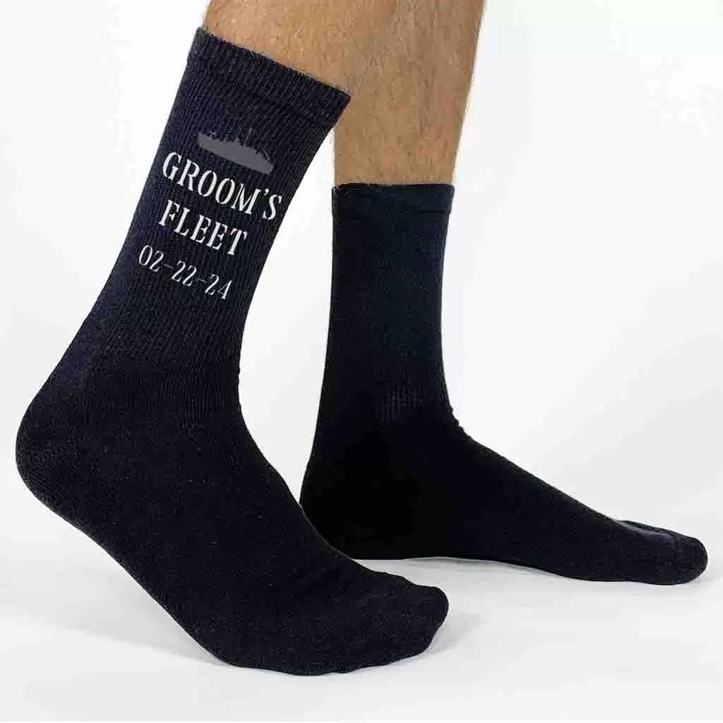 Navy Theme Personalized Wedding Socks with Wedding Date