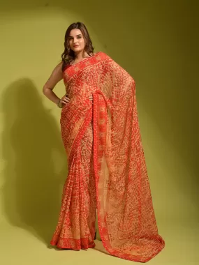 Odette Women Red Georgette Designer Saree With Unstitched Blouse