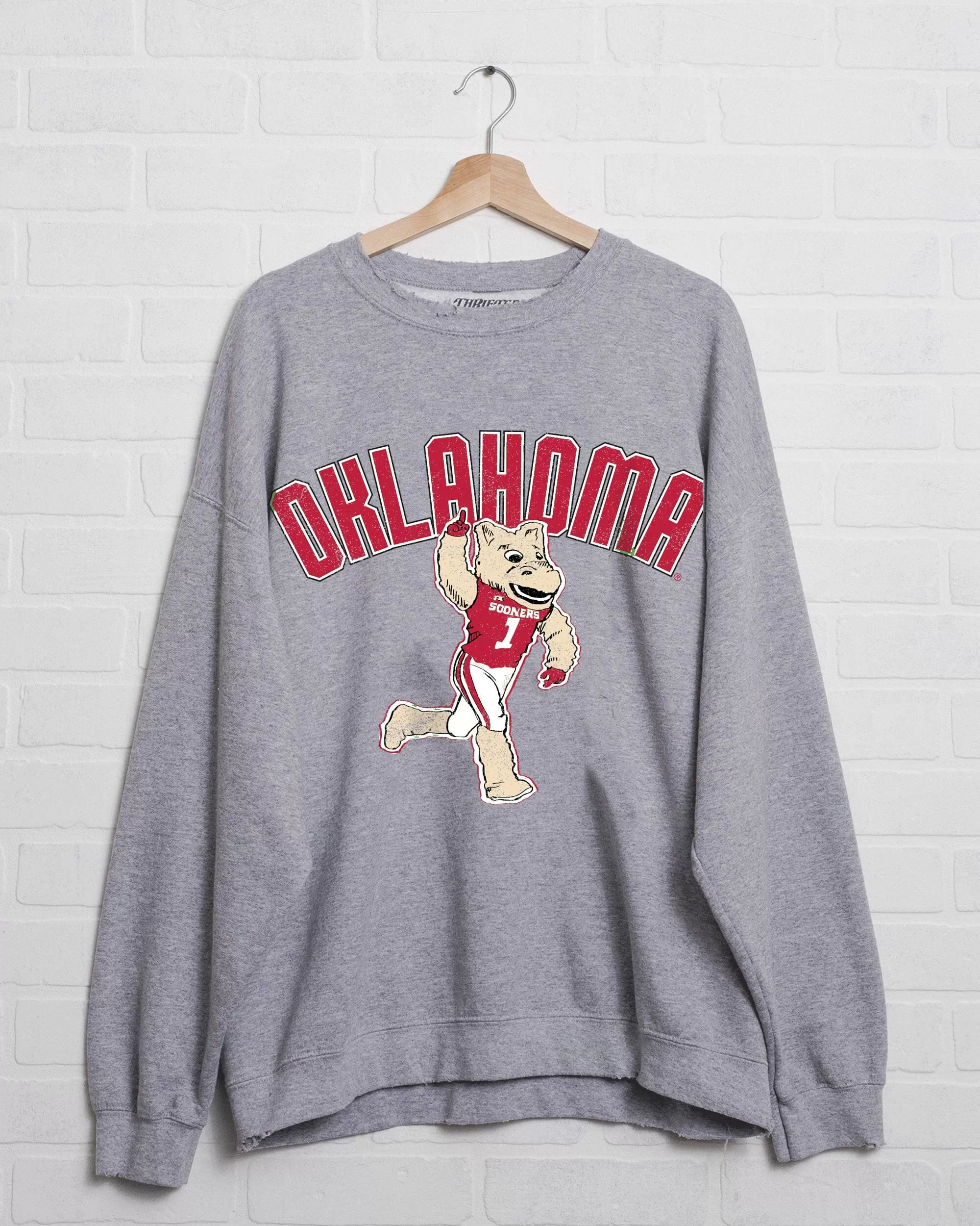 OU Sooners Cartoon Mascot Puff Ink Gray Thrifted Sweatshirt