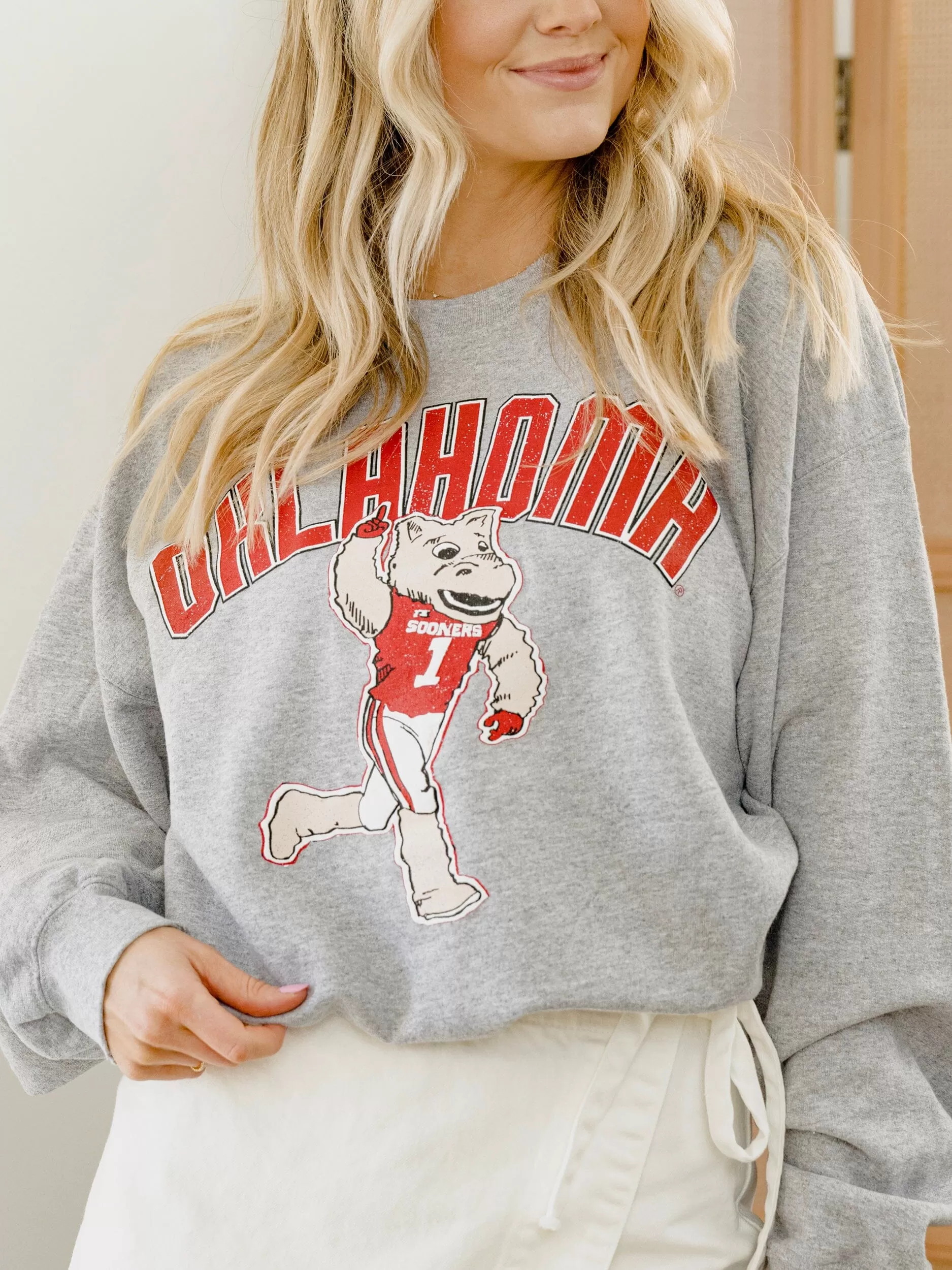 OU Sooners Cartoon Mascot Puff Ink Gray Thrifted Sweatshirt