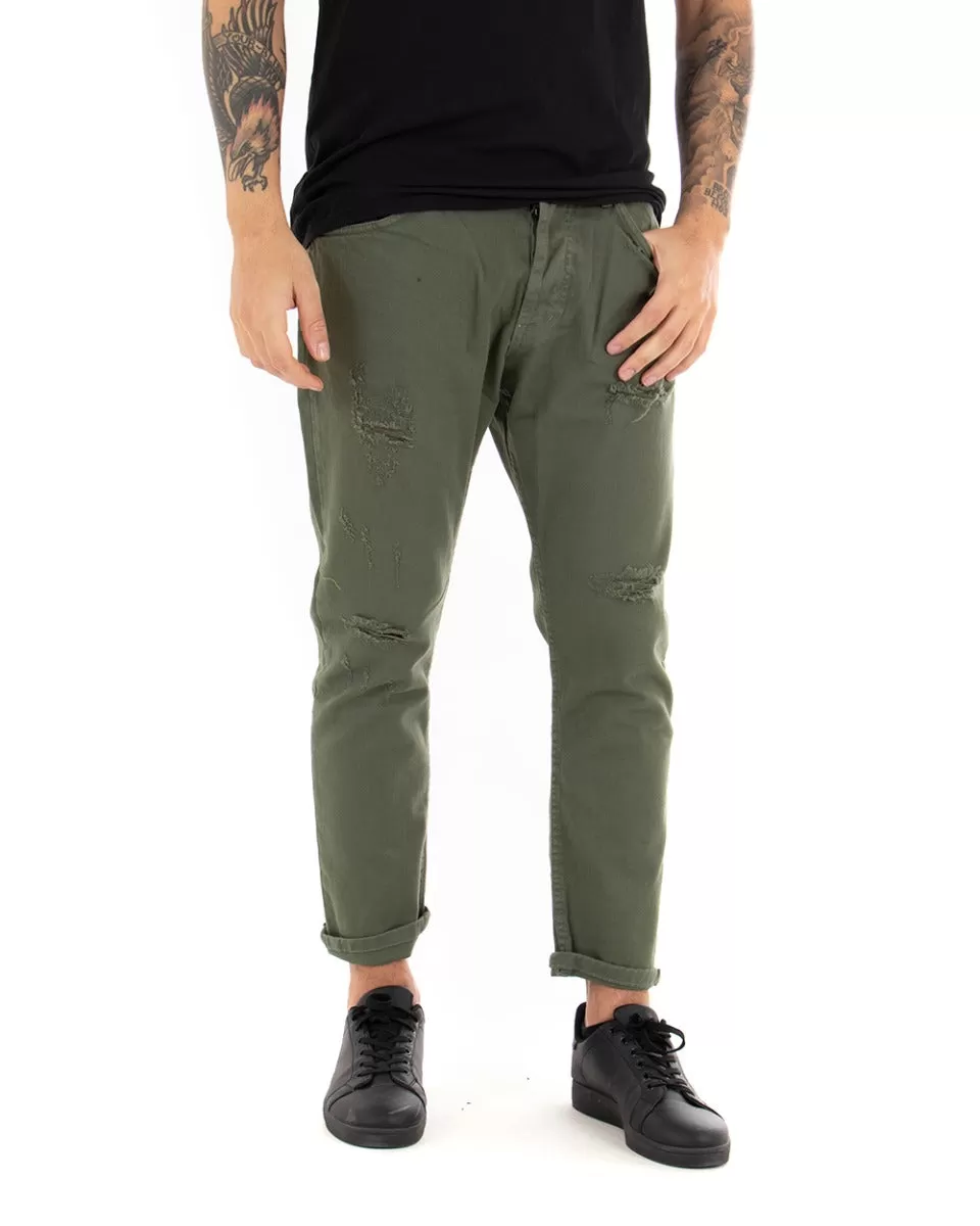 Pantaloni Jeans Uomo Loose Fit Verde Con Rotture Cinque Tasche Casual GIOSAL-P4086A