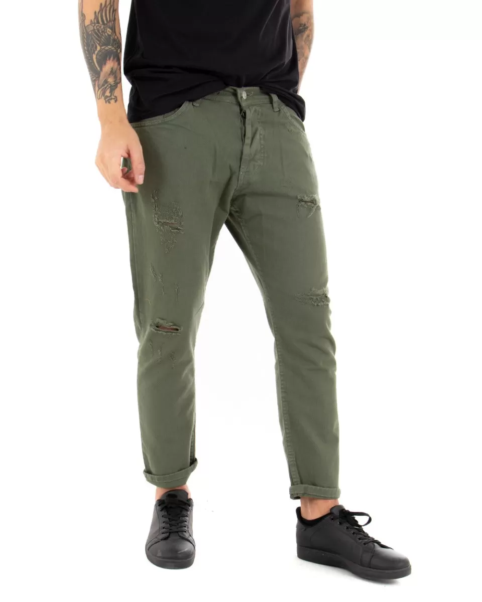 Pantaloni Jeans Uomo Loose Fit Verde Con Rotture Cinque Tasche Casual GIOSAL-P4086A