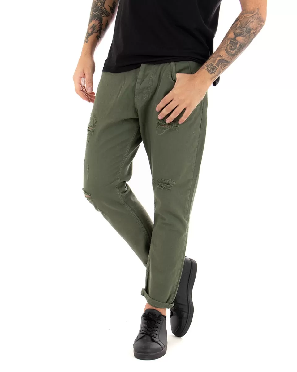 Pantaloni Jeans Uomo Loose Fit Verde Con Rotture Cinque Tasche Casual GIOSAL-P4086A