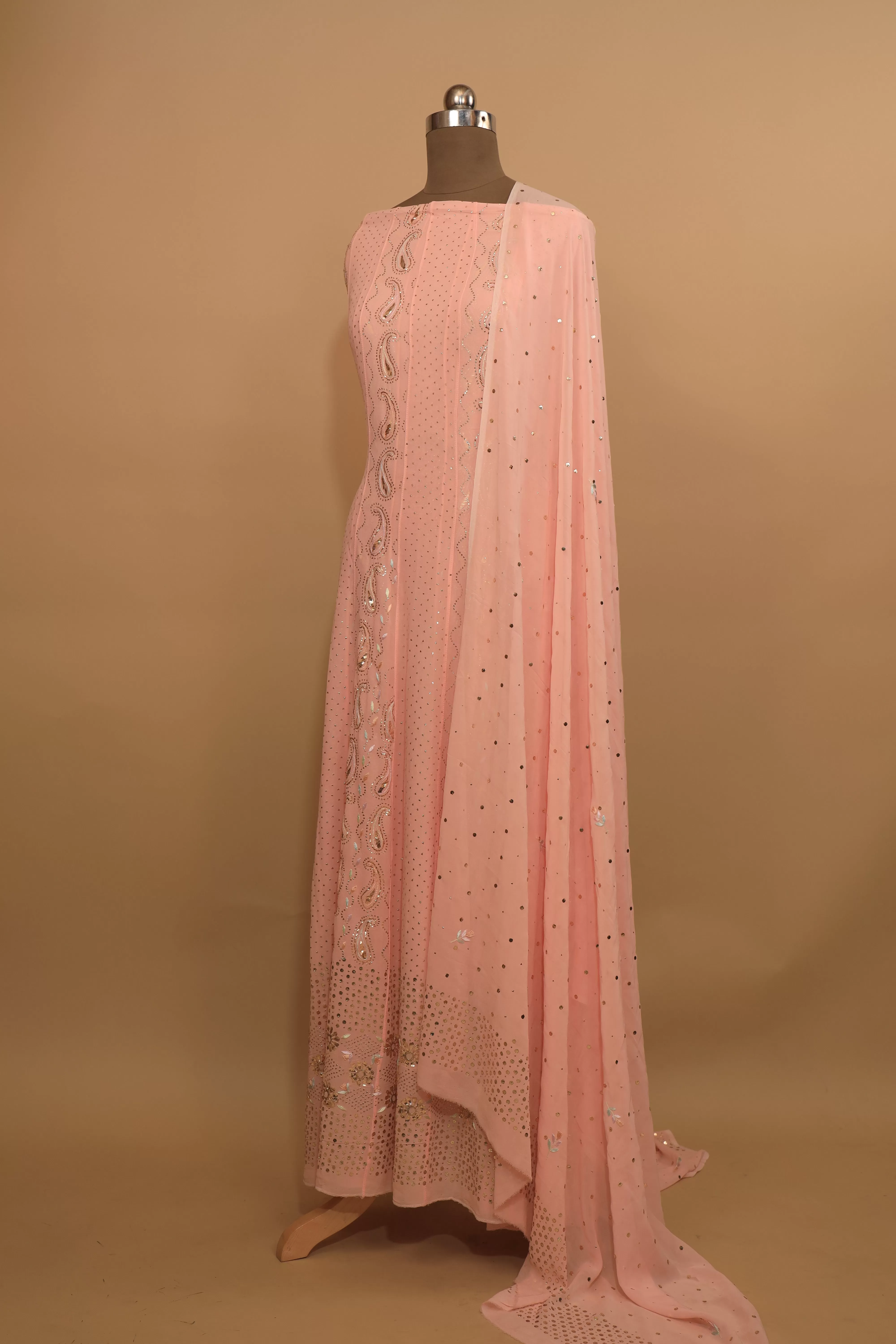 Pure georgette peach hand embroidered Chikankari kamdhani Anarkali