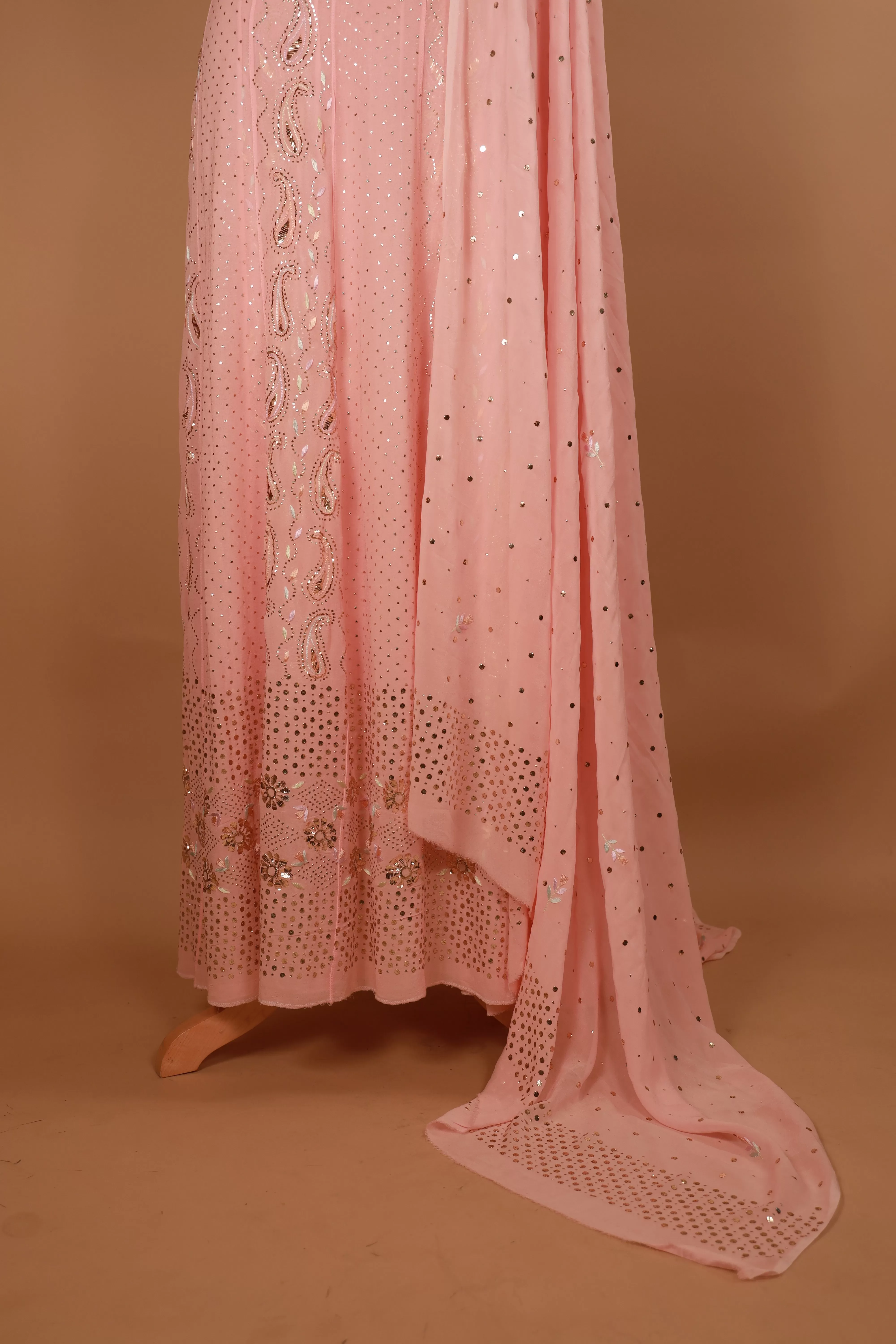 Pure georgette peach hand embroidered Chikankari kamdhani Anarkali