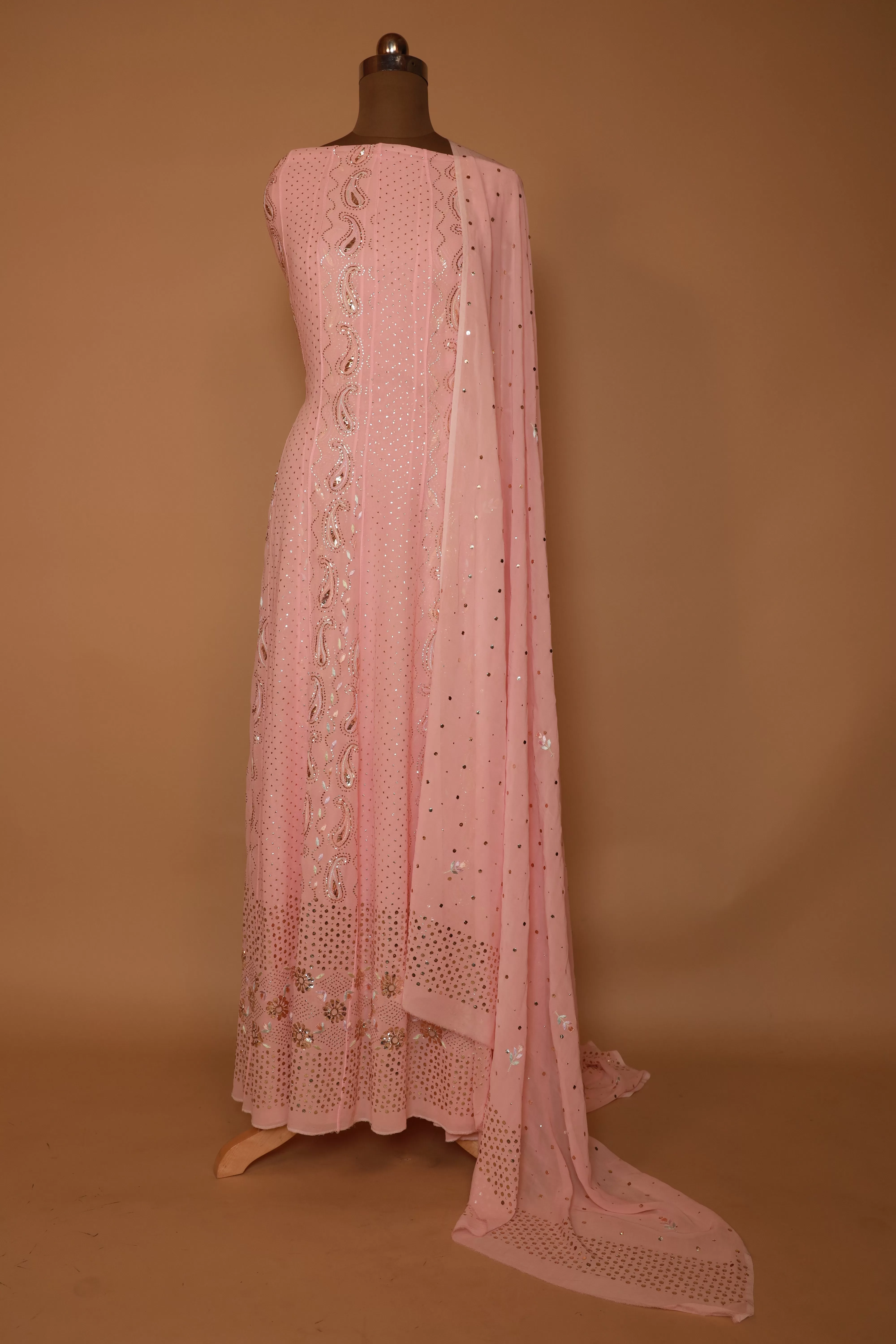 Pure georgette peach hand embroidered Chikankari kamdhani Anarkali