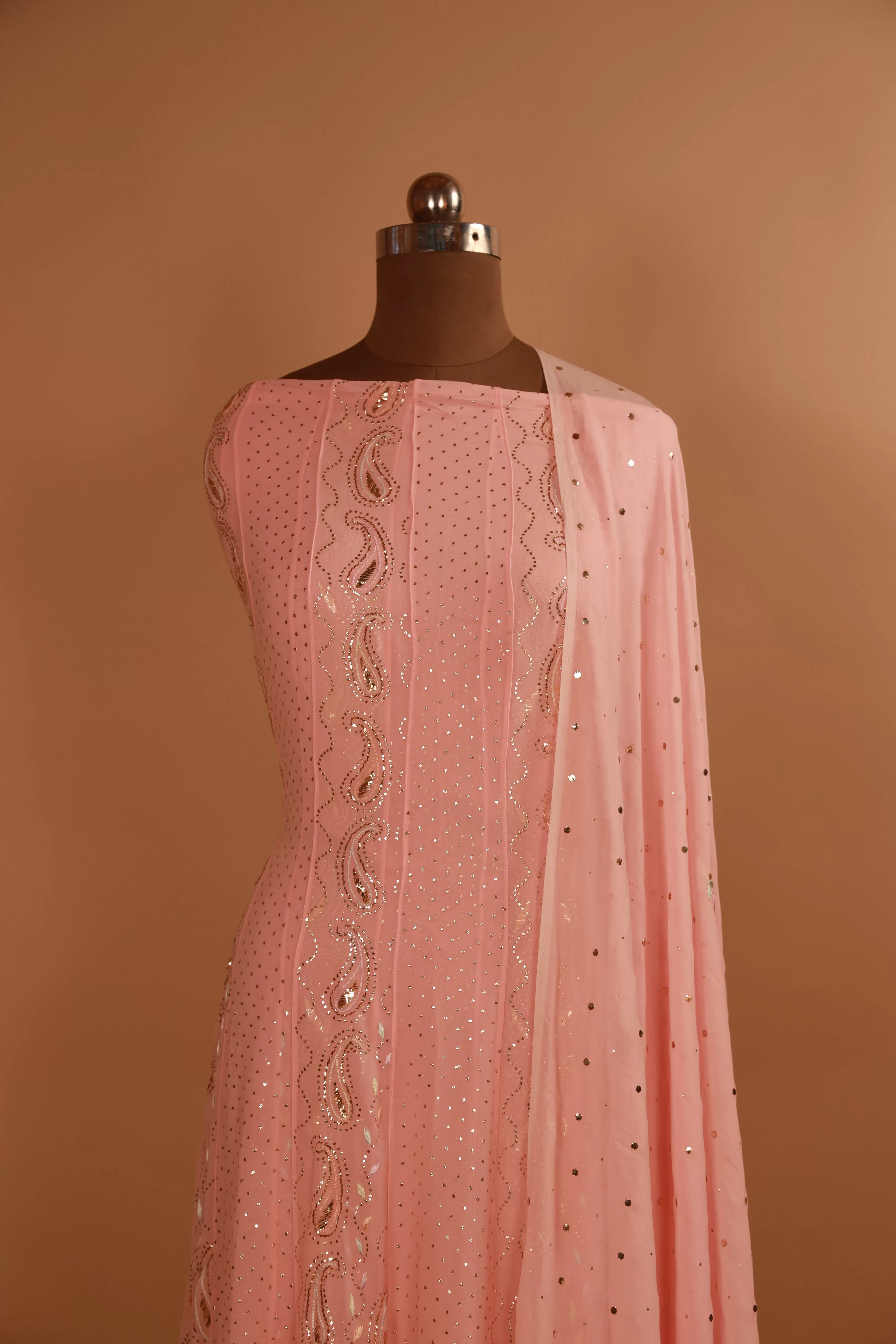 Pure georgette peach hand embroidered Chikankari kamdhani Anarkali